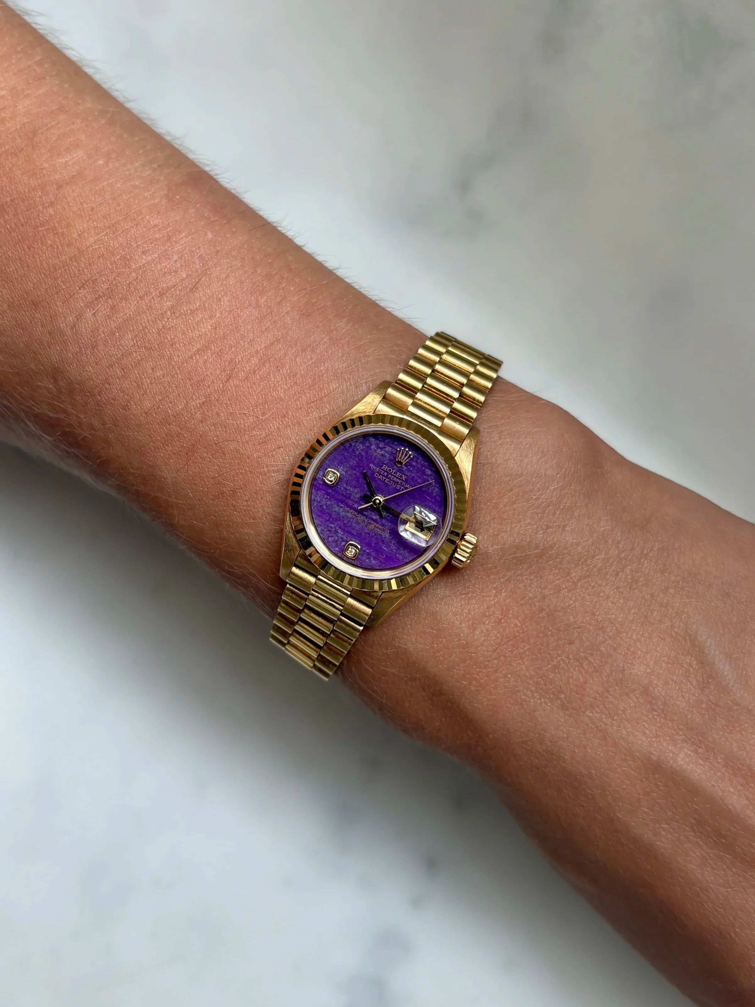 Rolex Datejust 26mm Yellow Gold Purple 'Sugilite' Stone Dial ref. 79178 w/ Original Rolex Paper