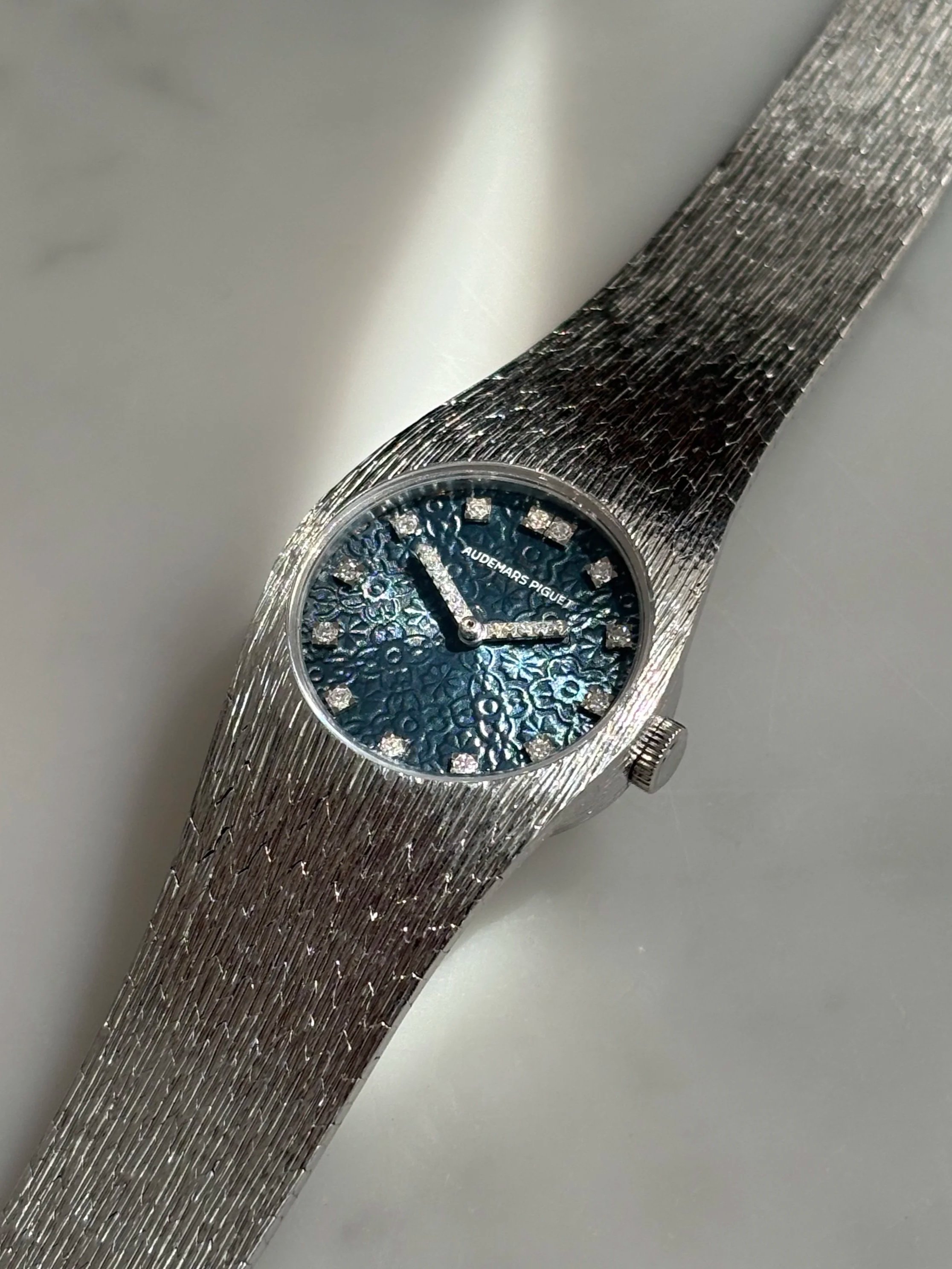 Audemars Piguet Mini Cobra White Gold Blue Flower Motif Dial, Diamond Indexes & Hands