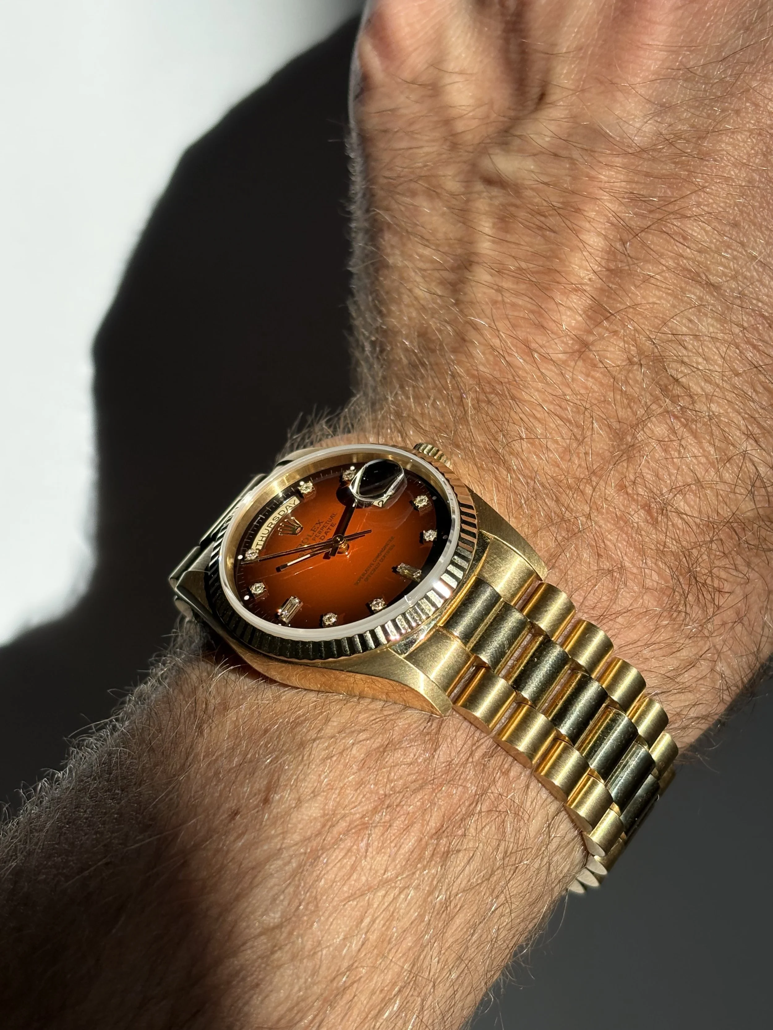 Rolex Day-Date 36mm Yellow Gold Red Vignette Dial ref. 18238 w/ Box, Papers & Rolex Service Card