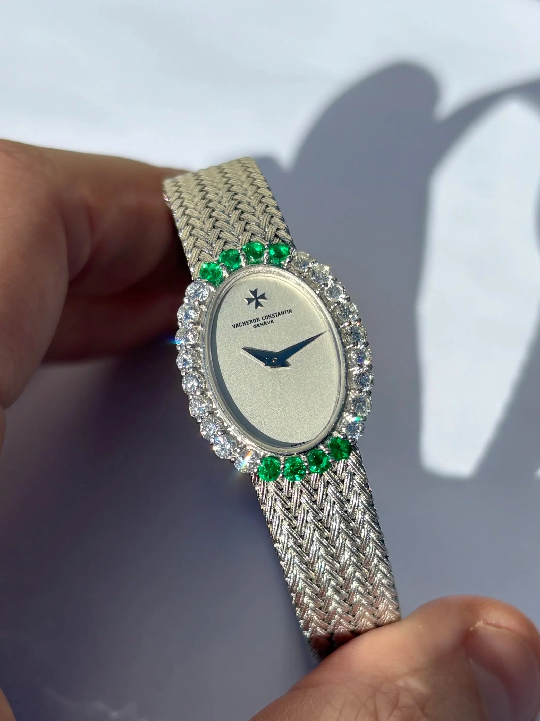 Vacheron Constantin Ellipse White Gold Cocktail Watch Diamond & Emerald Bezel ref. 18713/665 w/ Original Box & Papers