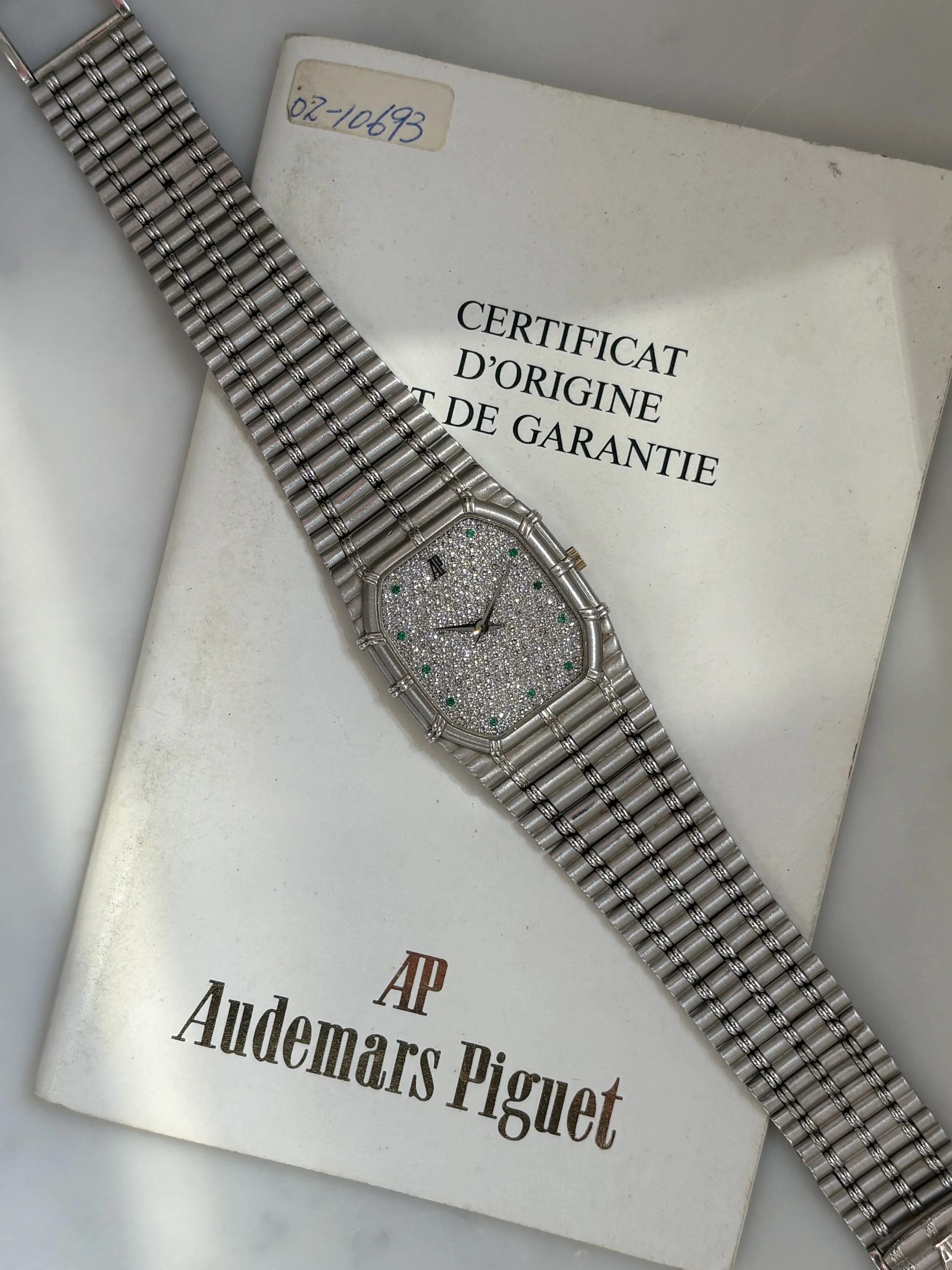 Audemars Piguet Bamboo White Gold Pavé Diamond Dials & Emerald Indexes ref. 14376 BC w/ Original Papers