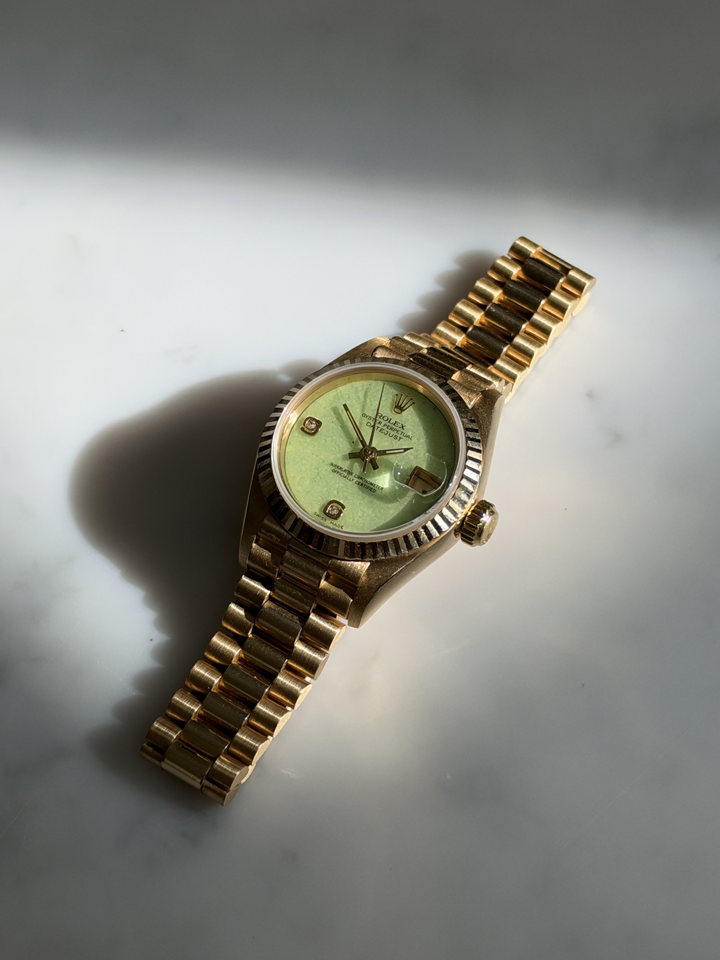 Rolex 26mm Datejust Yellow Gold Matcha Green Jadeite Stone Dial & 6,9 Diamond Index ref. 69178