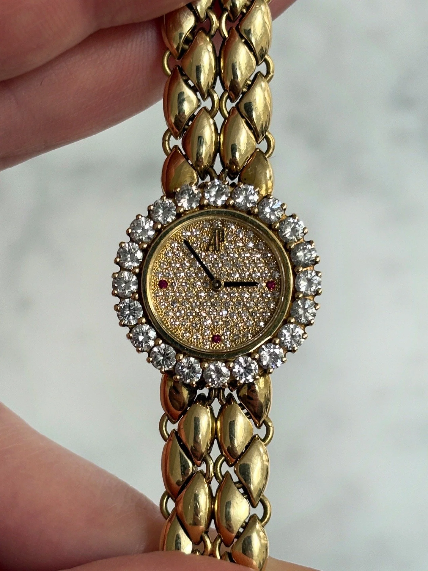 Audemars Piguet Yellow Gold Mini Cocktail Watch 1.2ct Diamond Bezel, Pavé Diamond Dial & 3,6,9 Ruby Indexes