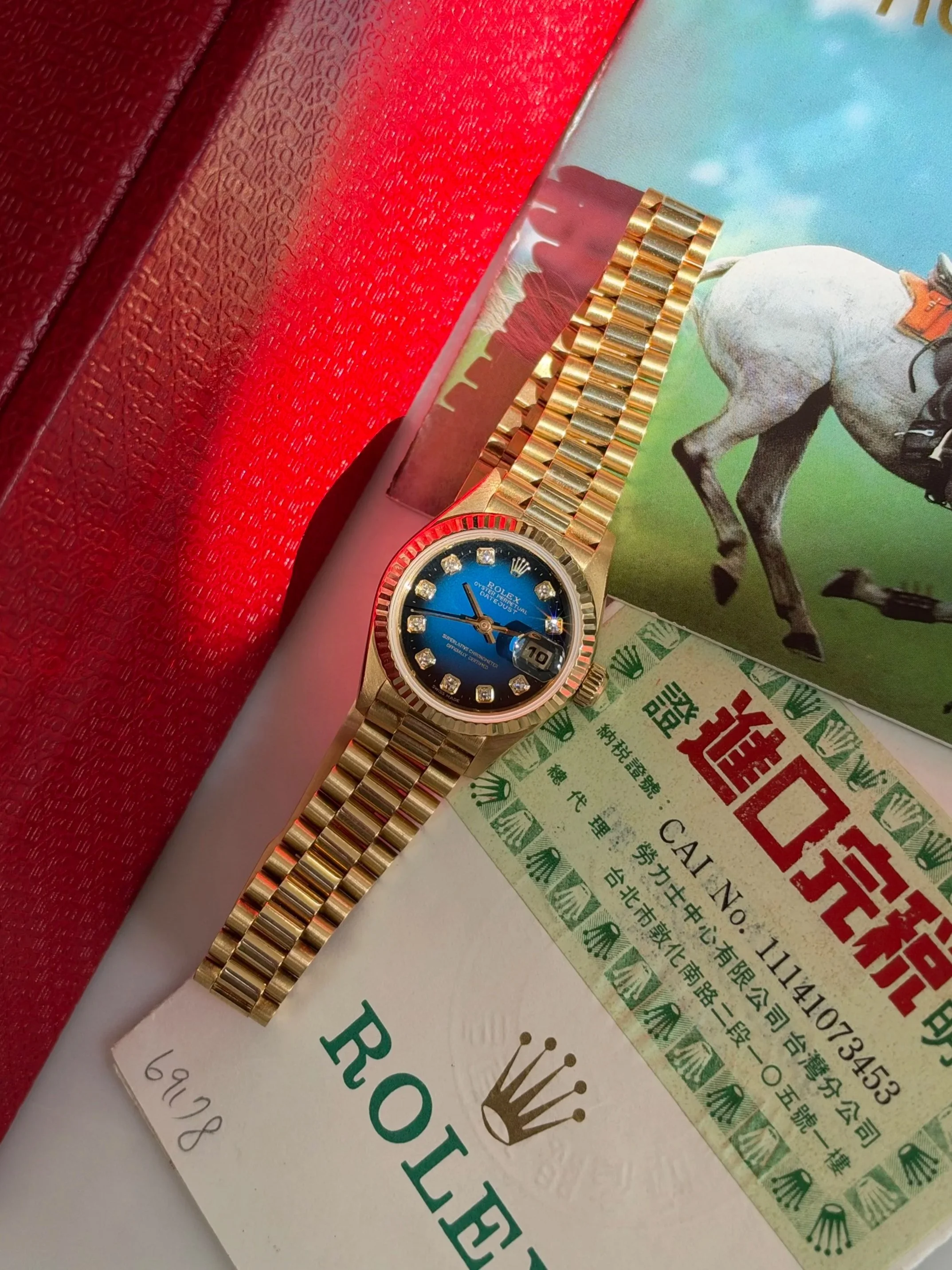 Rolex 26mm Datejust Yellow Gold Blue Vingette Dial ref. 69178 w/ Original Box & Papers