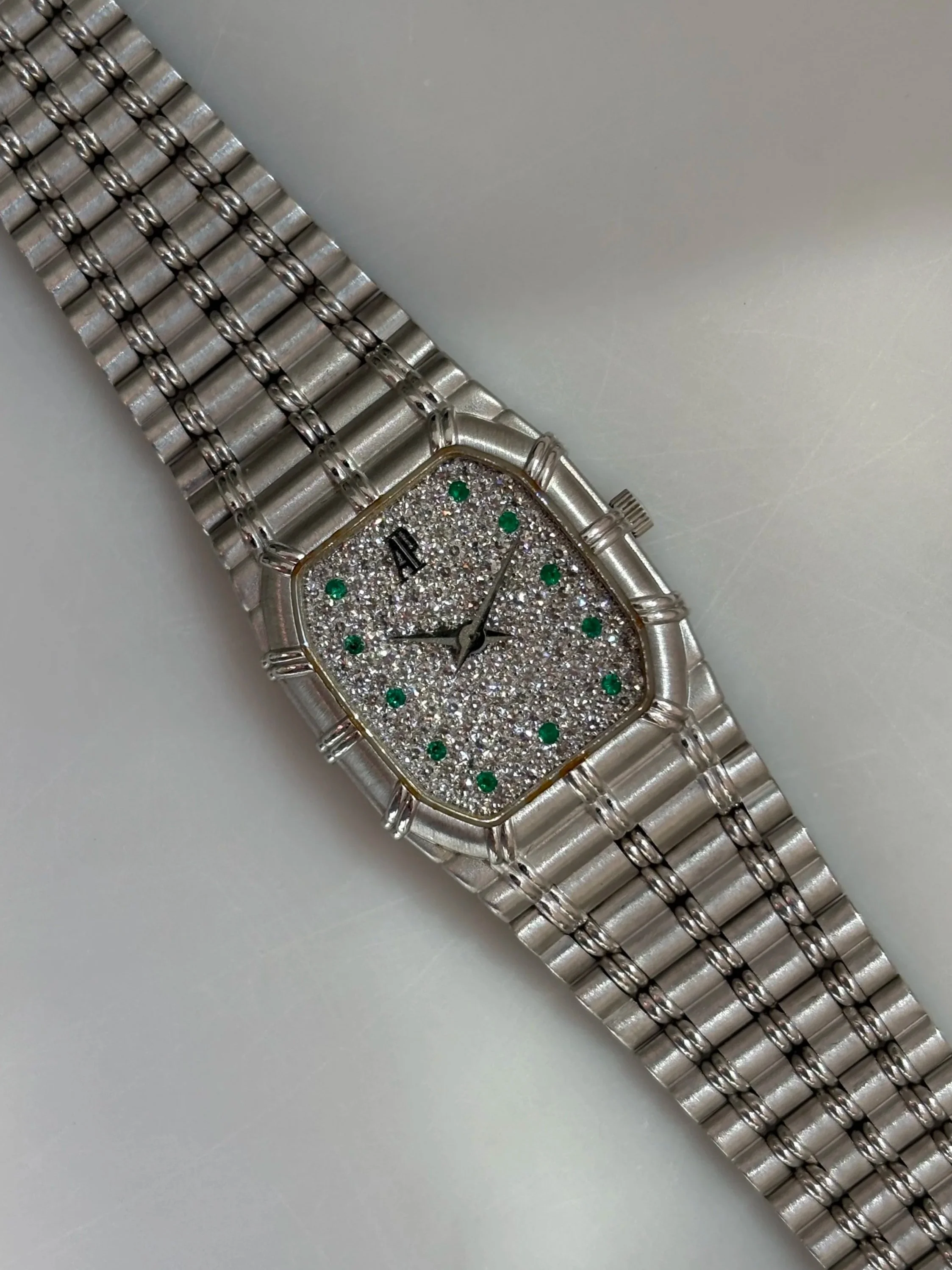 Audemars Piguet Mini Bamboo White Gold Pavé Diamond Dials & Emerald Indexes ref. 66913 BC