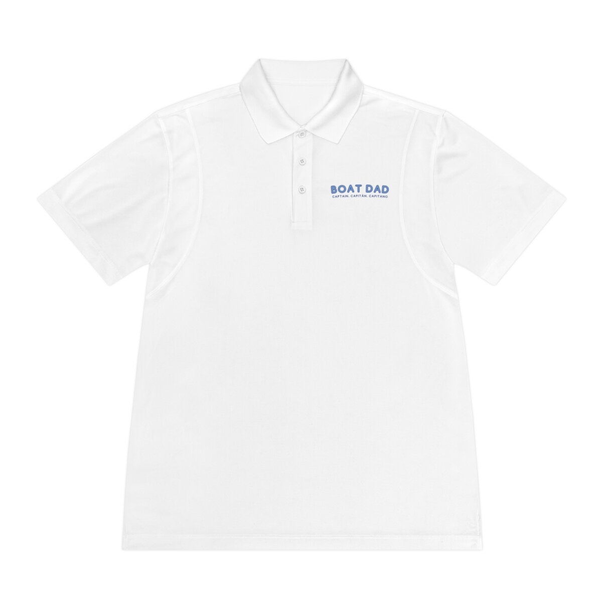 dark grey polo shirt folded with Boat Dad written on the front from Lake Life Shop online store