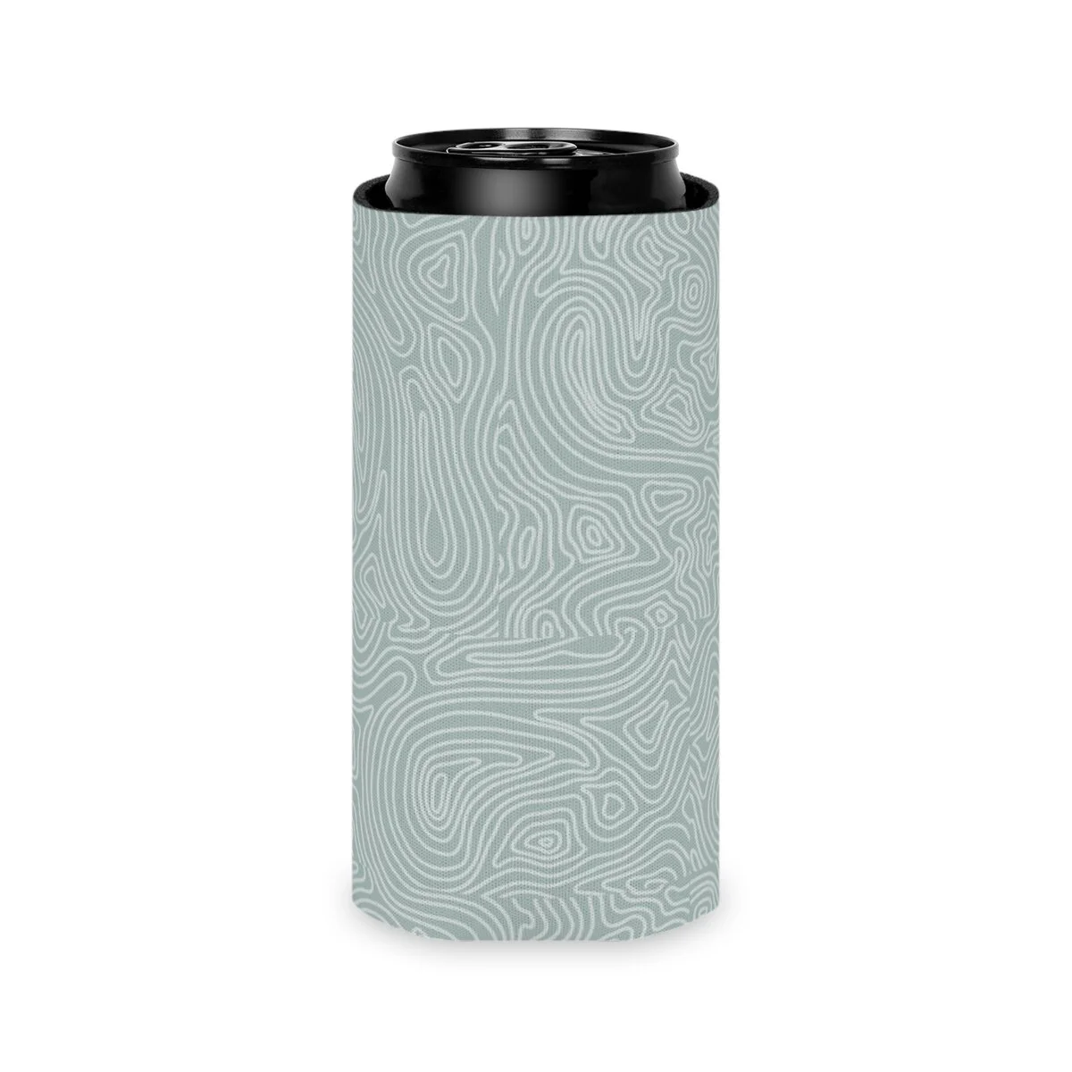 Sage green can koozie with a nautical topography map design. Fits a slim can and a regular can