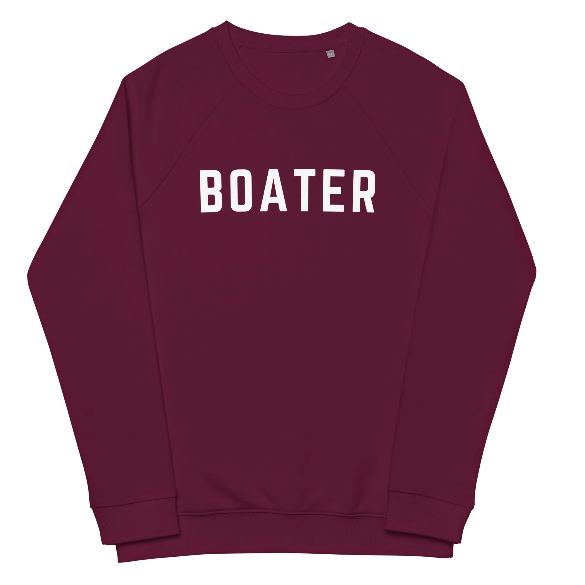 maroon crewneck sweatshirt that says boater in white capital letters