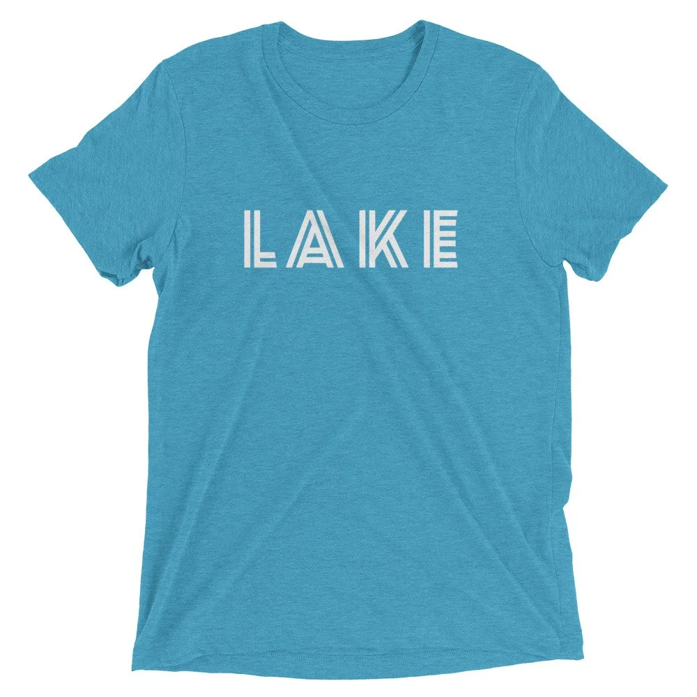 turquoise t-shirt with the word Lake in all capital letters in a nautical font