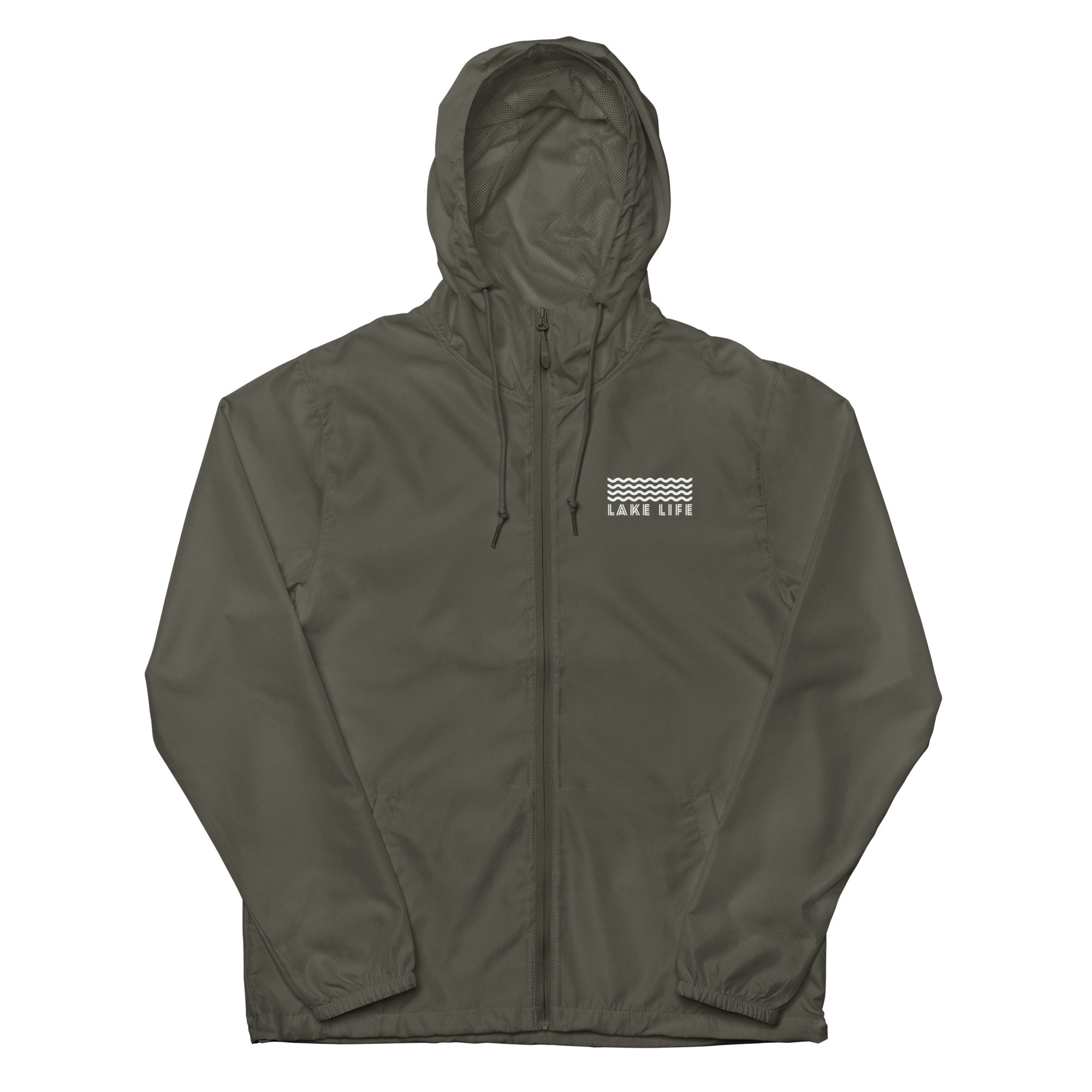 dark grey windbreaker with zipper and the words lake life in white with waves above on the upper left chest