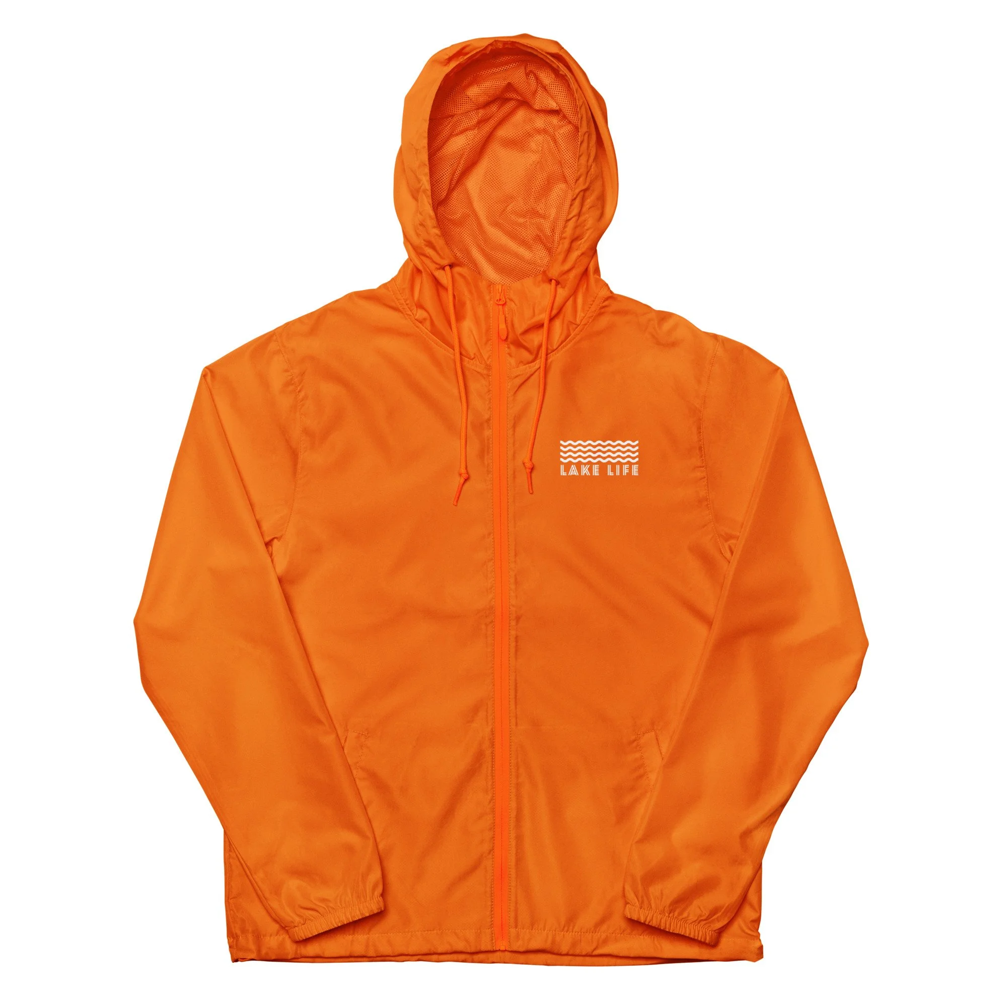 orange windbreaker with zipper and the words lake life in white with waves above on the upper left chest