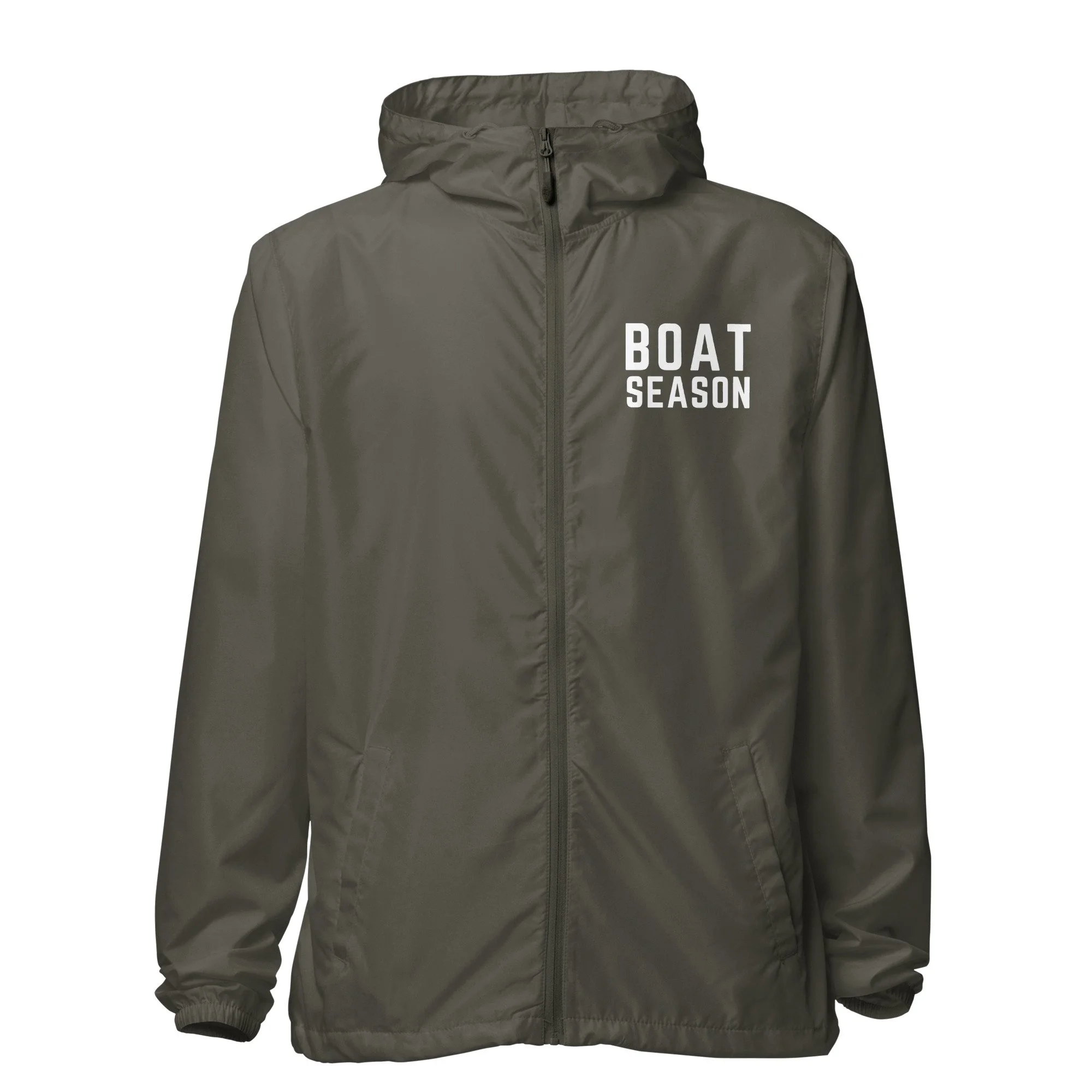 dark grey windbreaker with zipper and the words BOAT SEASON in all caps on the upper left chest