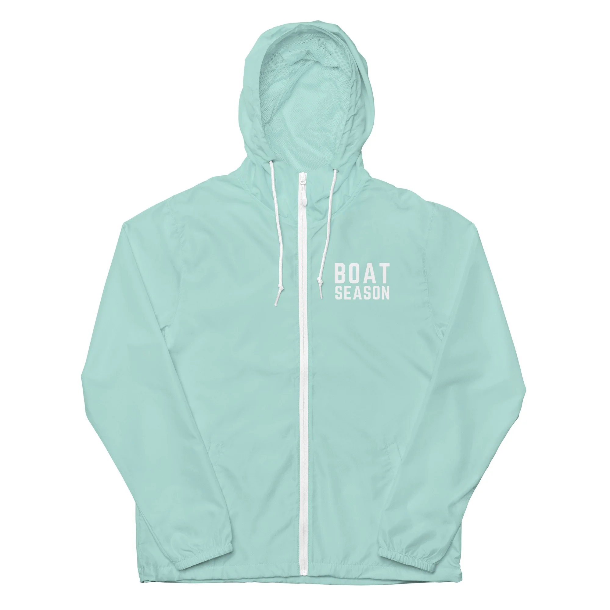 flat lay of a light blue windbreaker with zipper and the words BOAT SEASON in all caps on the upper left chest