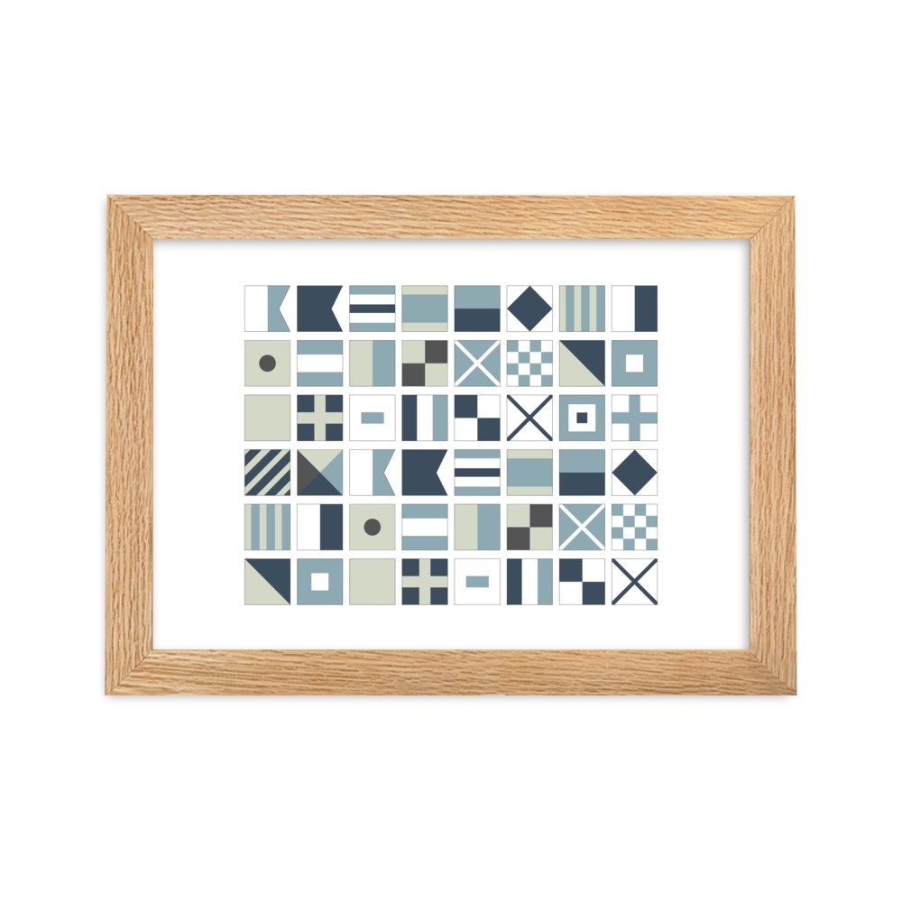 oak frame around a poster with modern blue shades of Nautical Flags
