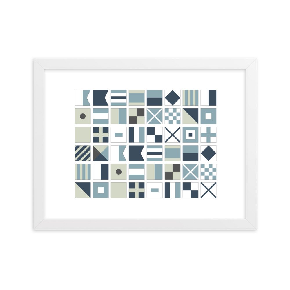white frame around a poster with modern blue shades of Nautical Flags