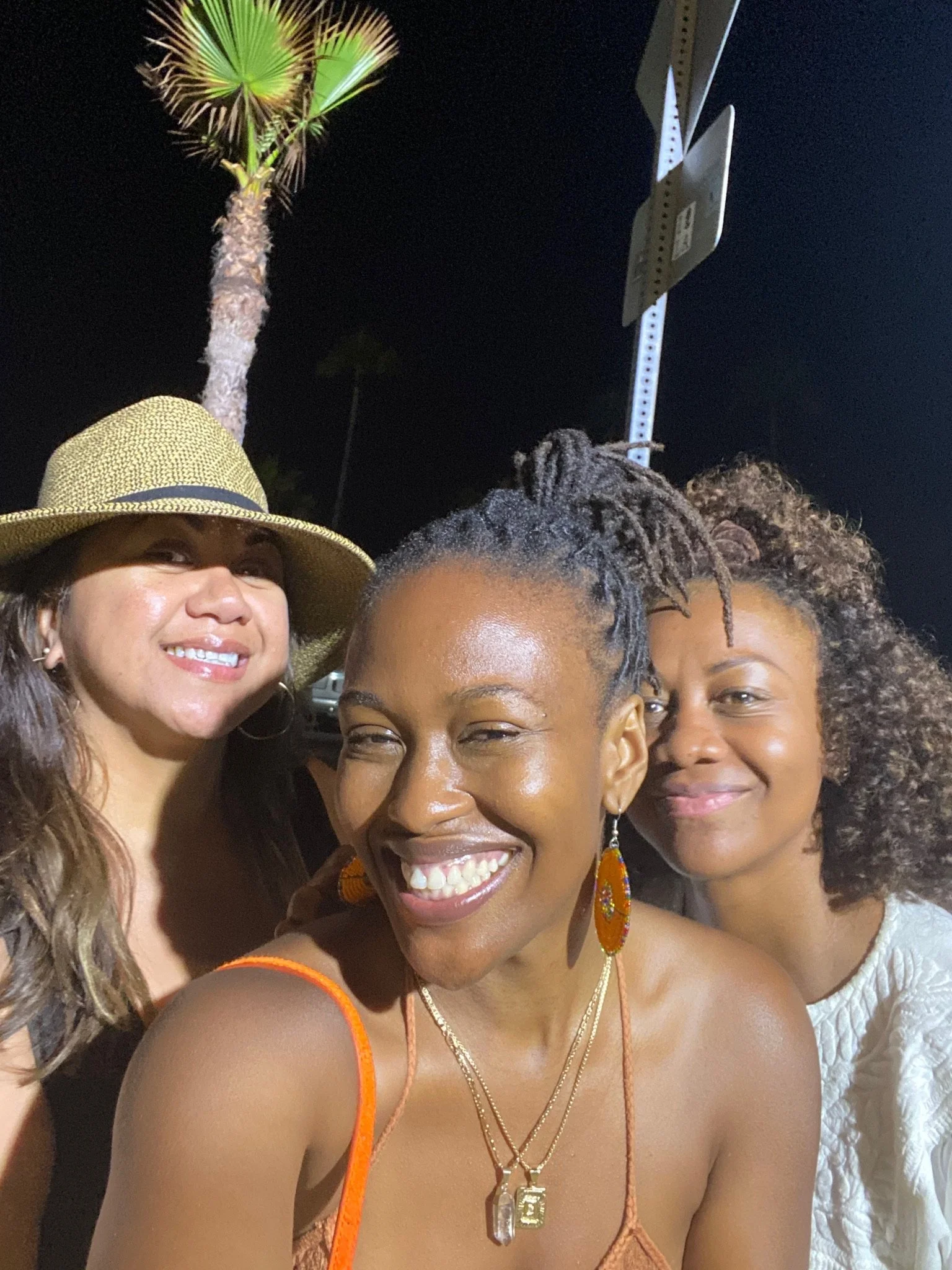 Three women smiling at night with a palm tree and street signs in the background.