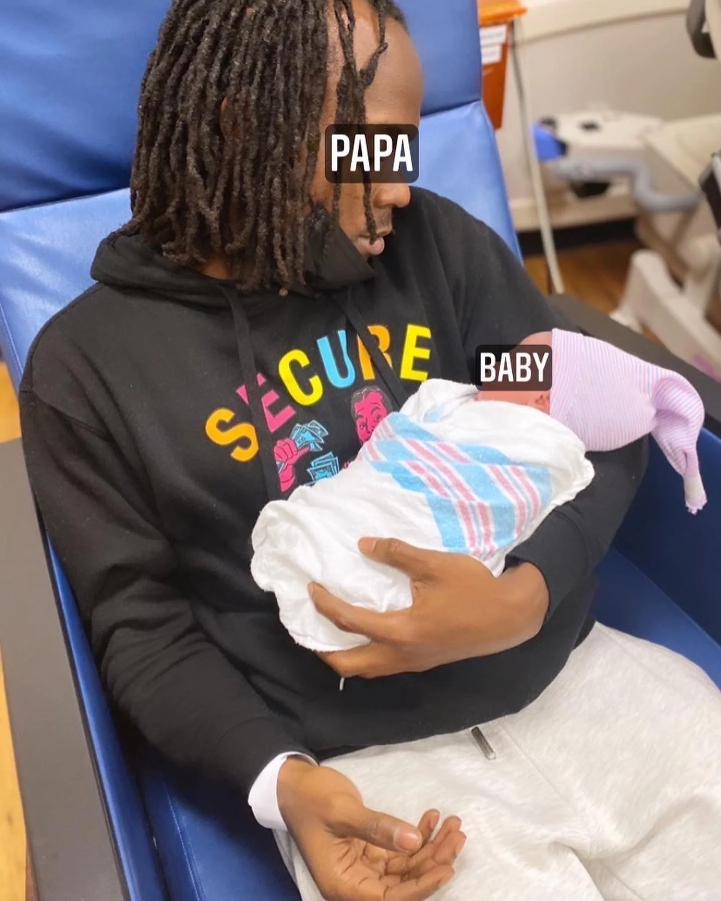 Person labeled 'Papa' holding a newborn labeled 'Baby' in a hospital setting.