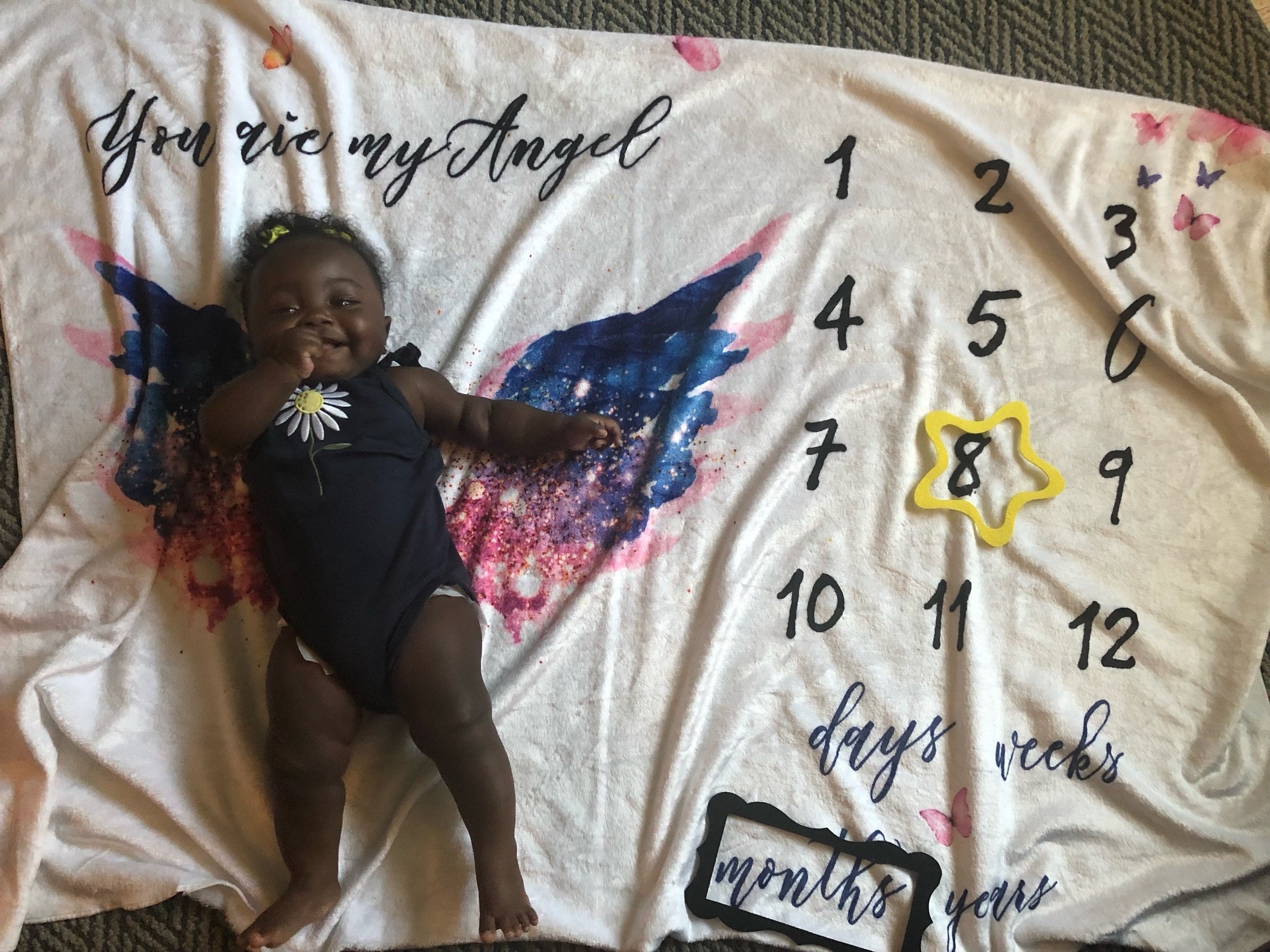Cute baby lying on a milestone blanket with numbers and words, marking the age as 8 months. The baby's outfit features a daisy design and the backdrop includes colorful wing graphics and the phrase "You are my Angel."