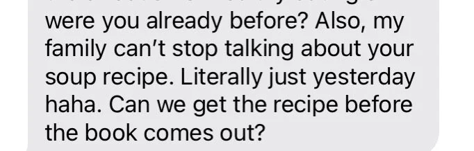 Text message asking for a soup recipe before a book release.