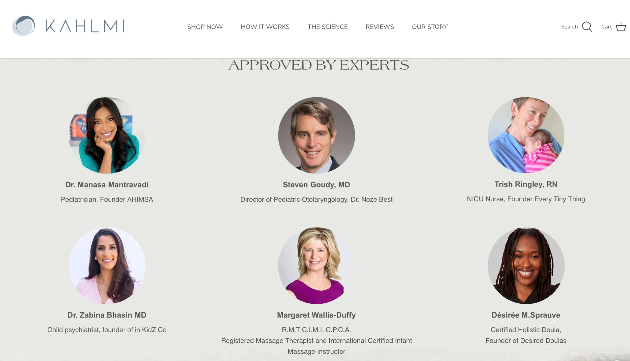 Webpage featuring experts with portraits and titles, including a pediatrician, otolaryngologist, NICU nurse, psychiatrist, massage therapist, and doula, from the brand Kahlmi. "Approved by Experts" heading above the portraits.