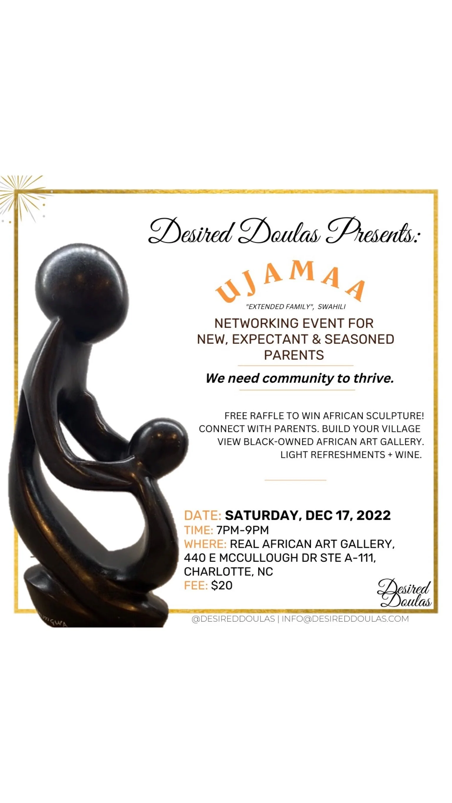 Flyer for Desired Doulas event titled 'Ujamaa,' a networking event for parents. Features an African sculpture image, date December 17, 2022, at Real African Art Gallery in Charlotte, NC, with details on time, location, and fee.