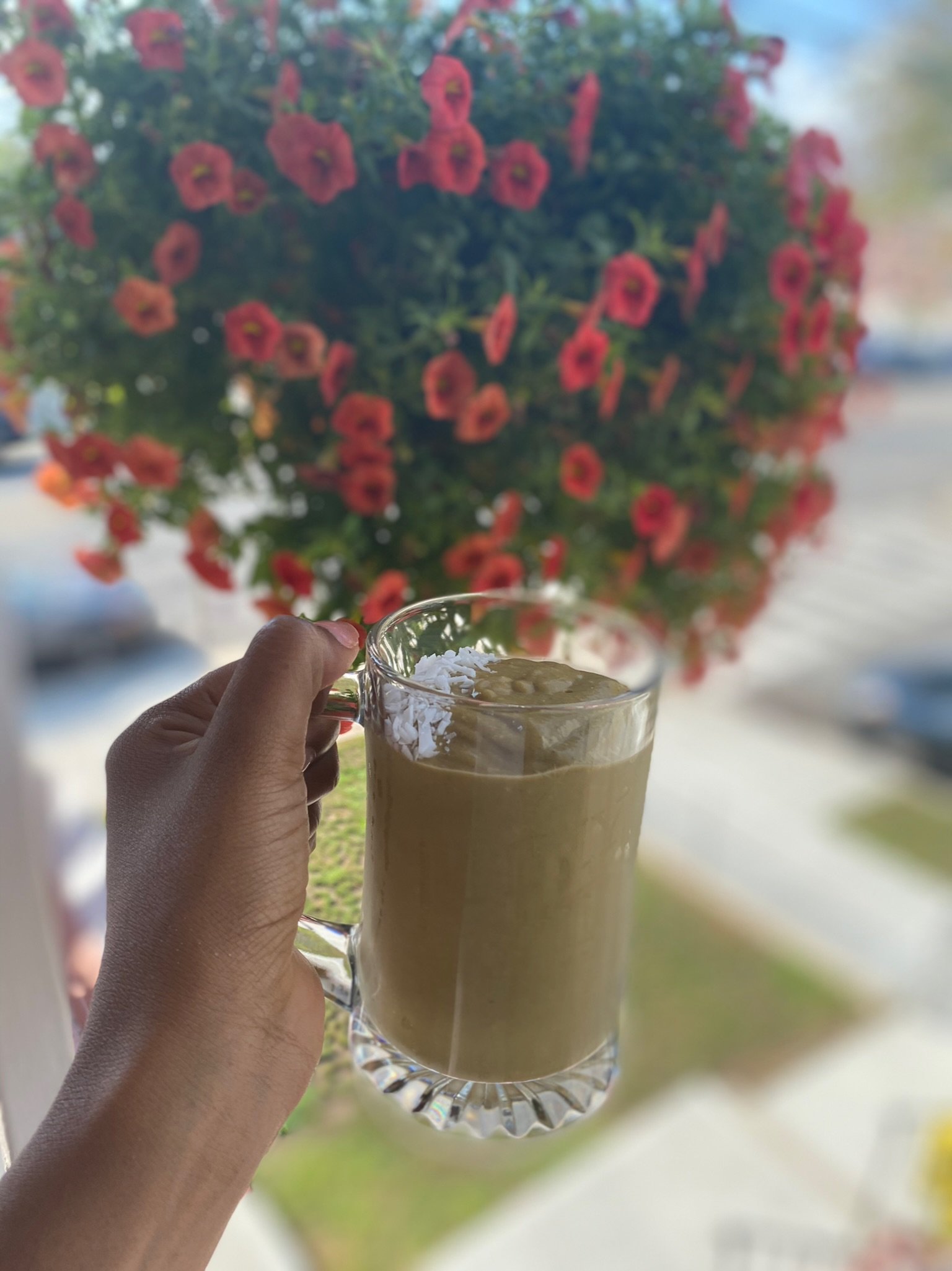 Hand holding a glass mug filled with a smoothie, topped with shredded coconut, in front of a vibrant hanging plant with red flowers.
