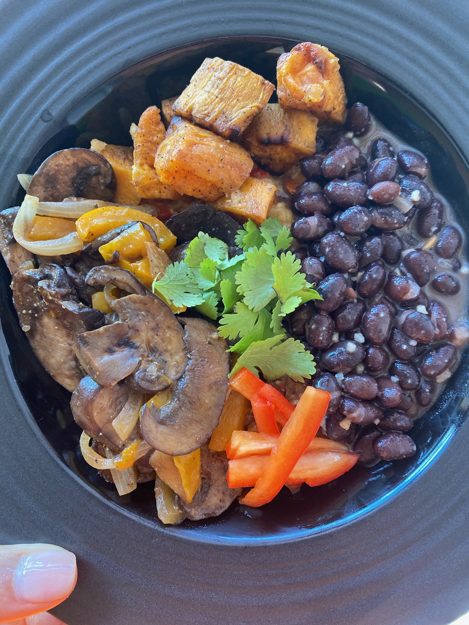 Bowl with black beans, fried plantains, sautéed mushrooms, bell peppers, onions, and fresh cilantro.