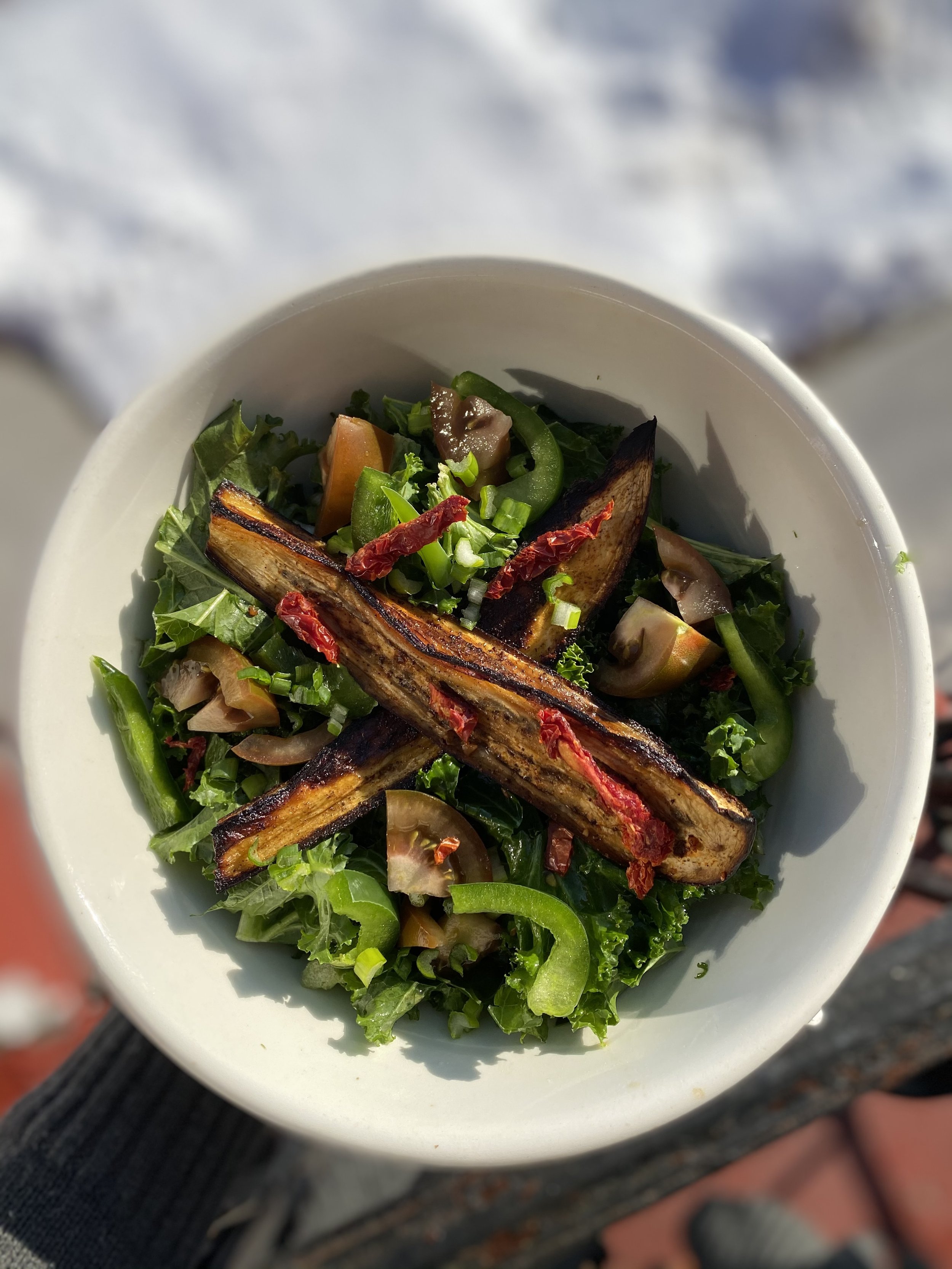 Bowl of mixed salad with grilled eggplant, kale, green bell peppers, sun-dried tomatoes, and chopped greens.