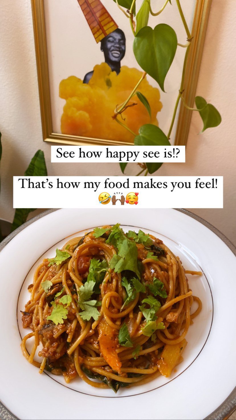 Plate of spaghetti with meat and herbs, framed colorful portrait in background
