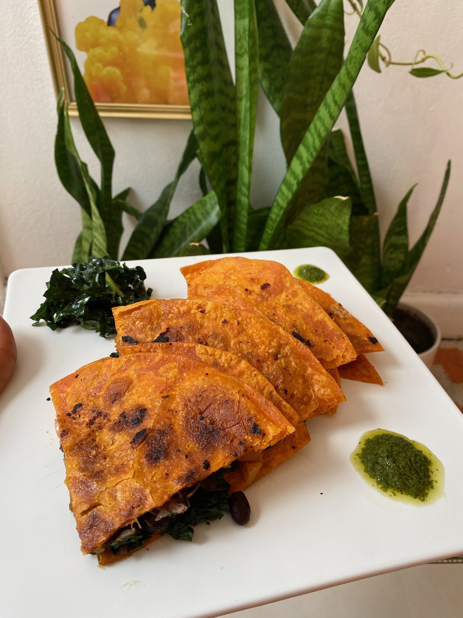 Plate of folded quesadillas with a side of greens and green sauce, placed in front of potted snake plants.