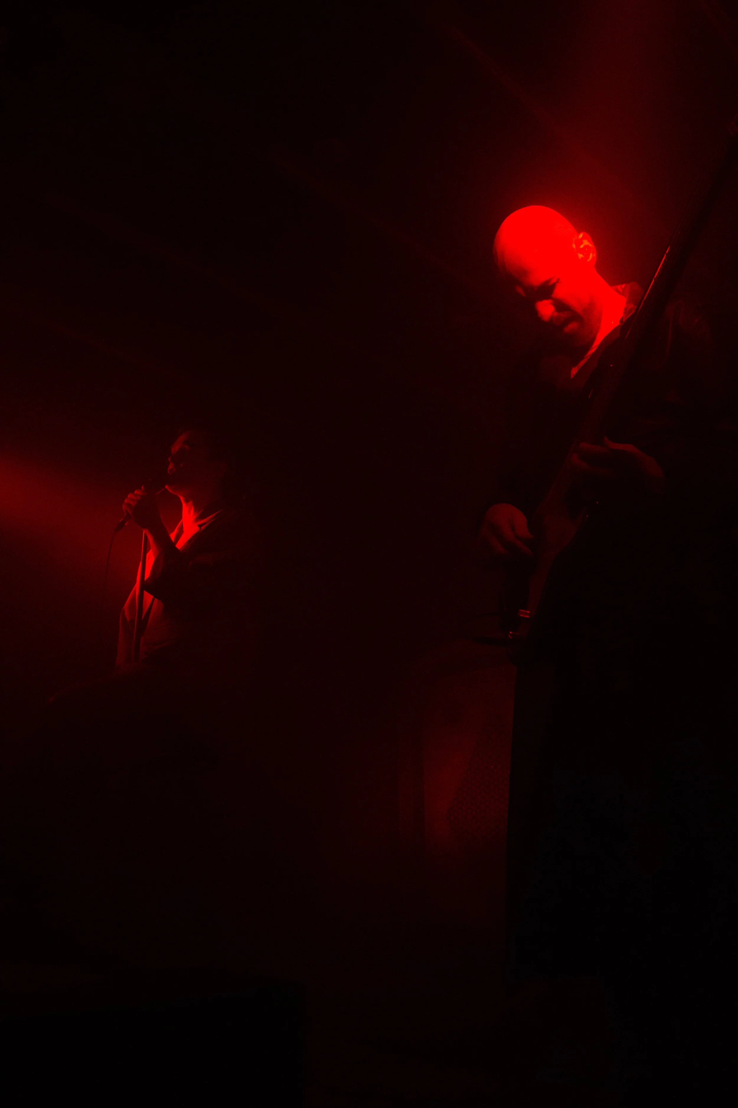 Two performers on stage illuminated by red lighting, one singing into a microphone and the other playing a guitar.