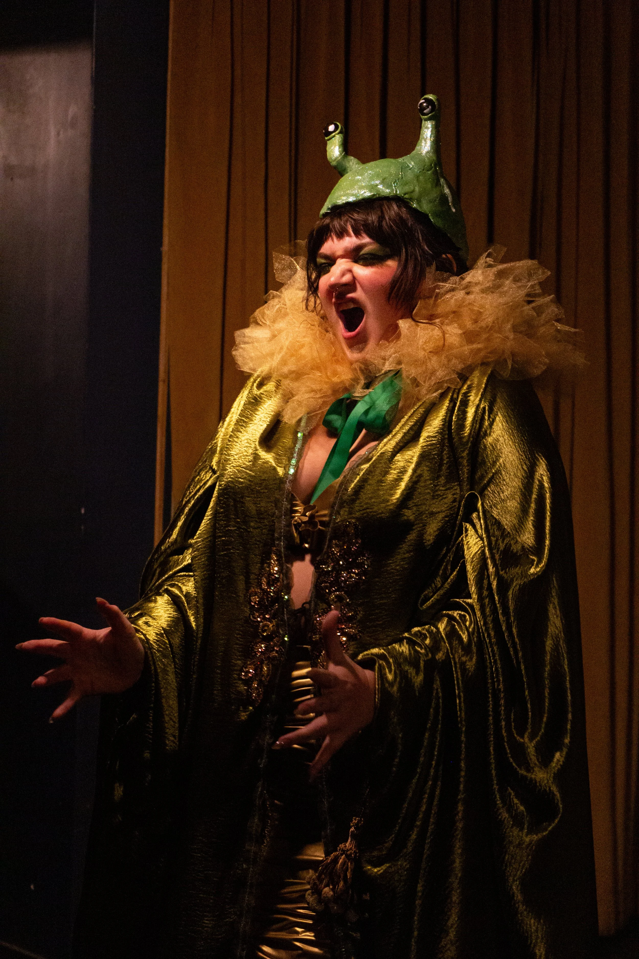 Person wearing a shiny gold jacket, green snail hat, and fluffy beige collar, singing or shouting with hands gesturing.