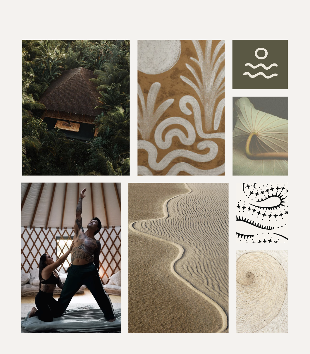 Vibe Board: earth tones, serene environments, natural textures and minimal line work.
