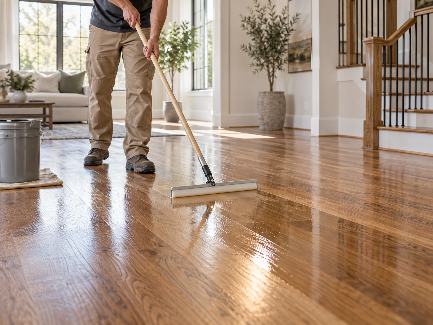 Person cleaning hardwood floor with a squeegee in living room with large windows and staircase.