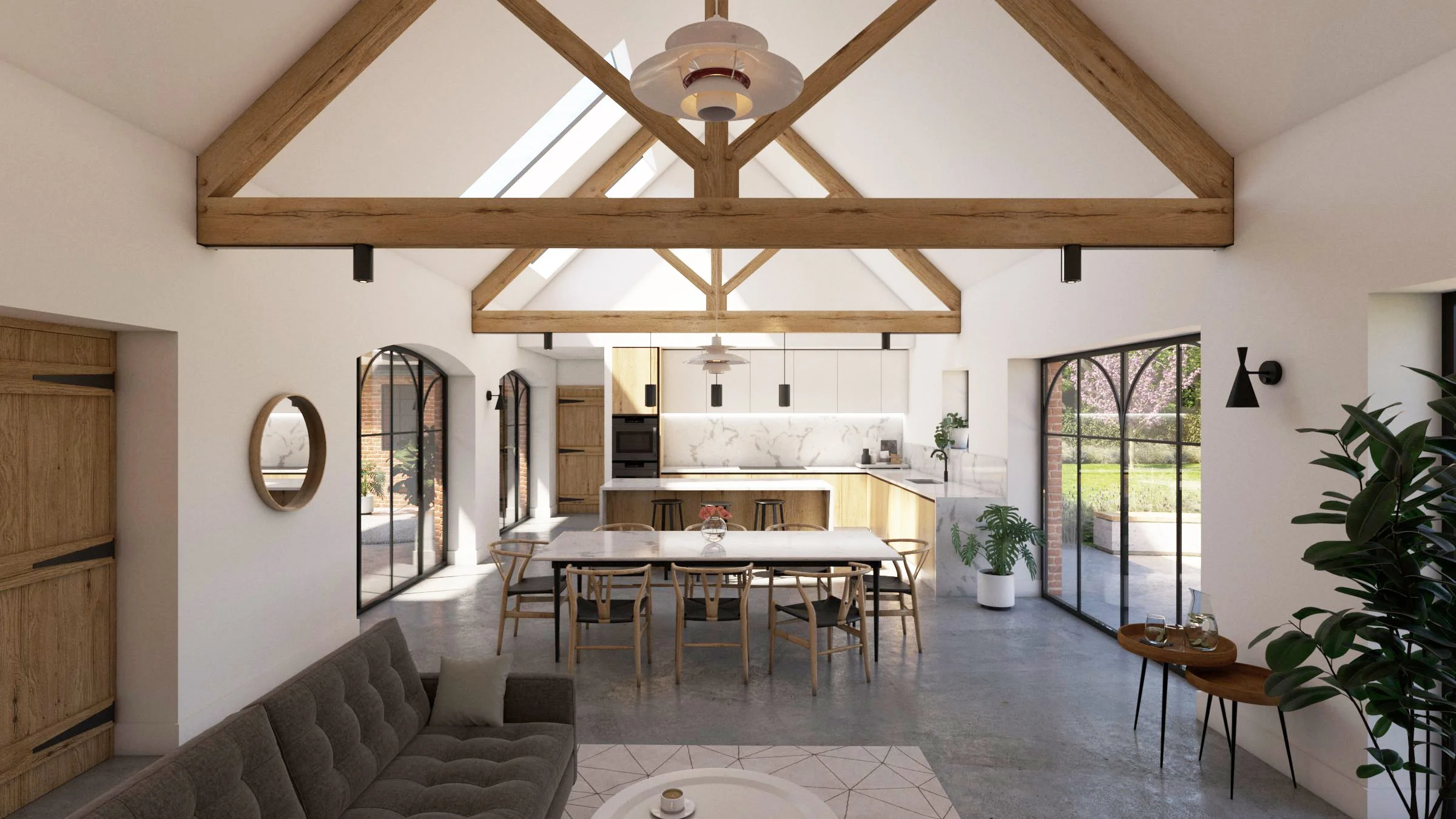 Barn conversion. Modern open-plan living room with kitchen, exposed wooden beams, vaulted ceiling, large windows, wooden dining table, beige sofa, and indoor plants.