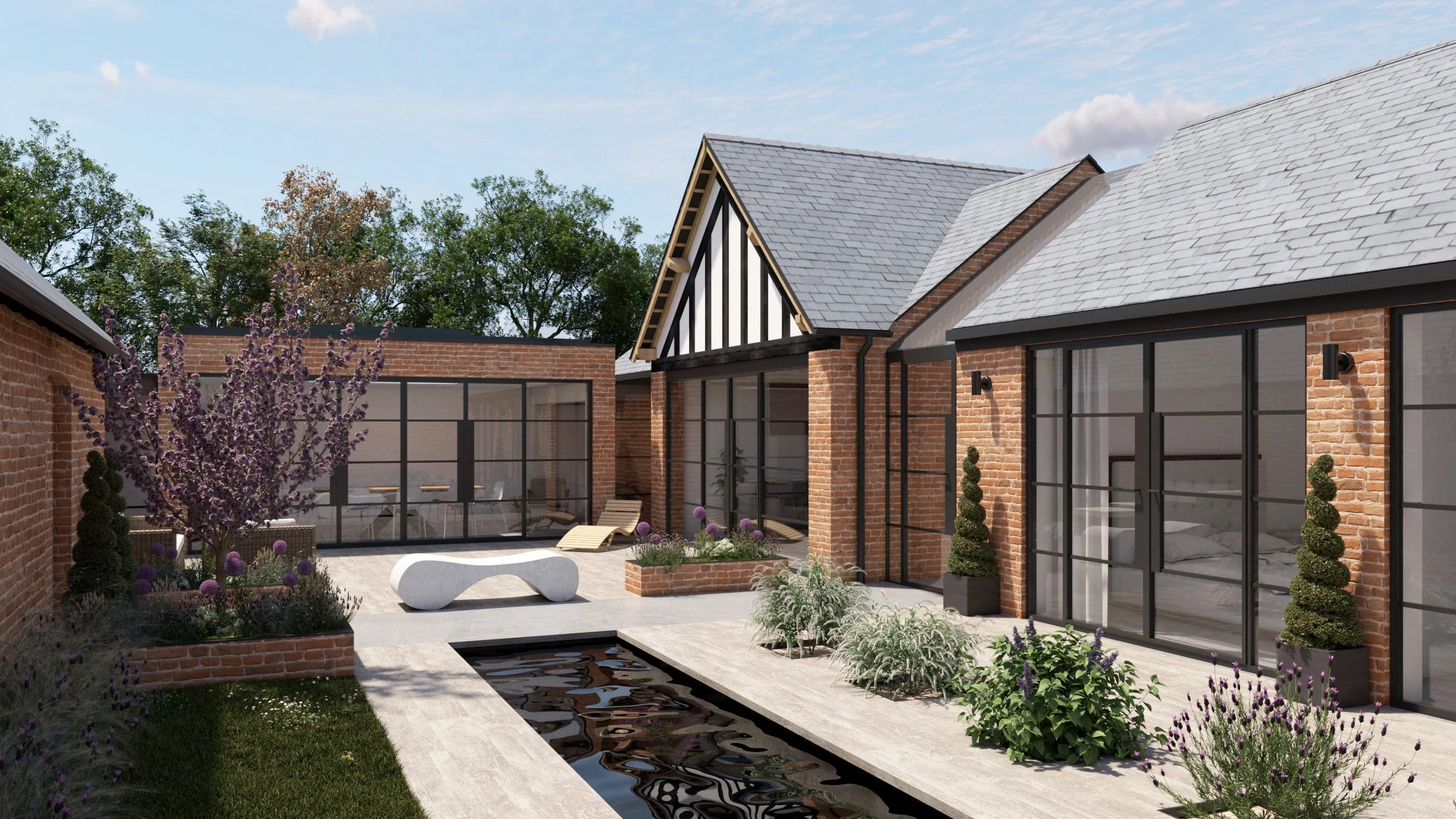 Barn conversion. Modern courtyard with brick buildings, large windows, plants, and a narrow water feature.