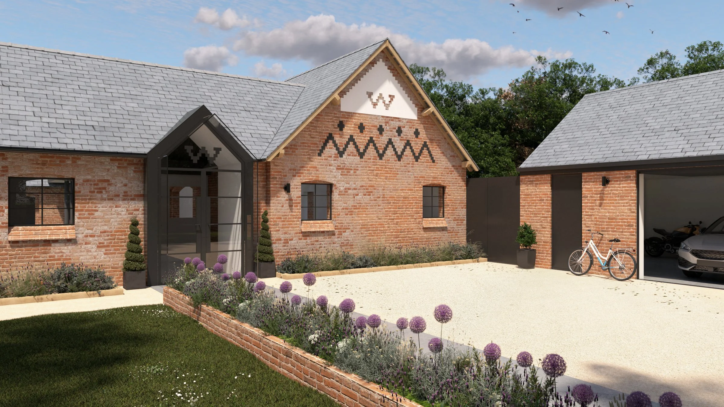 Barn conversion and extension. Modern brick house with slate roof, garage, bicycle, driveway, and garden with purple flowers.