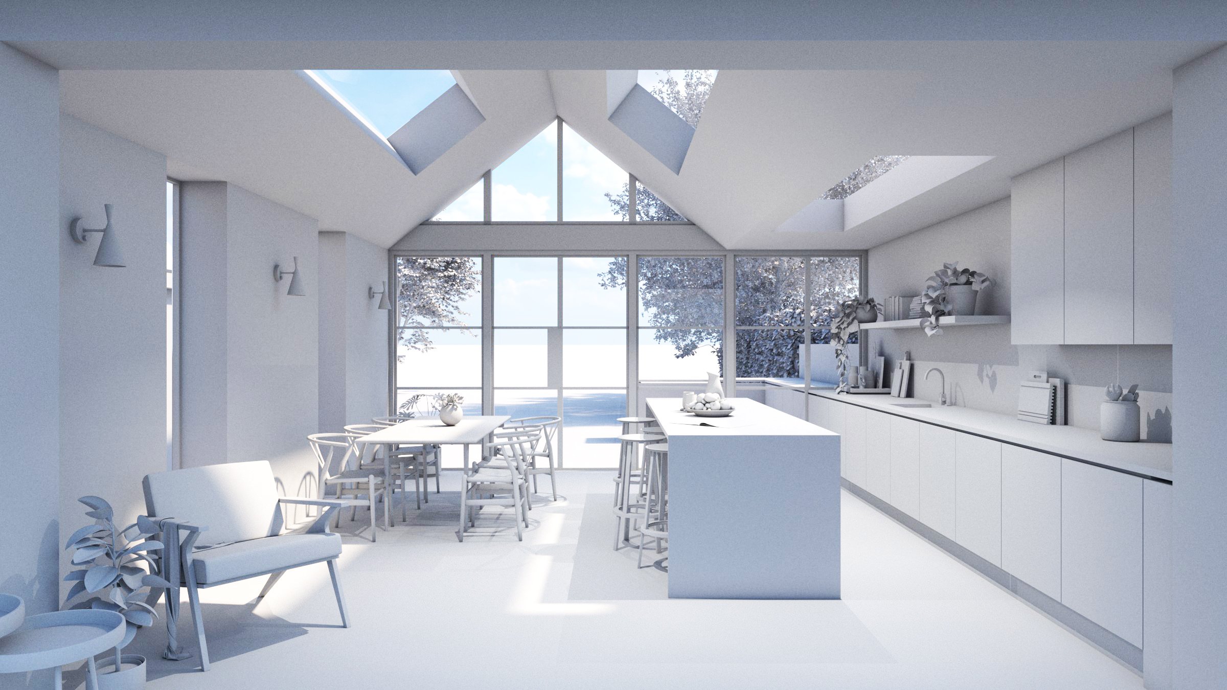 Single storey house extension. modern kitchen dining area with skylights and large windows