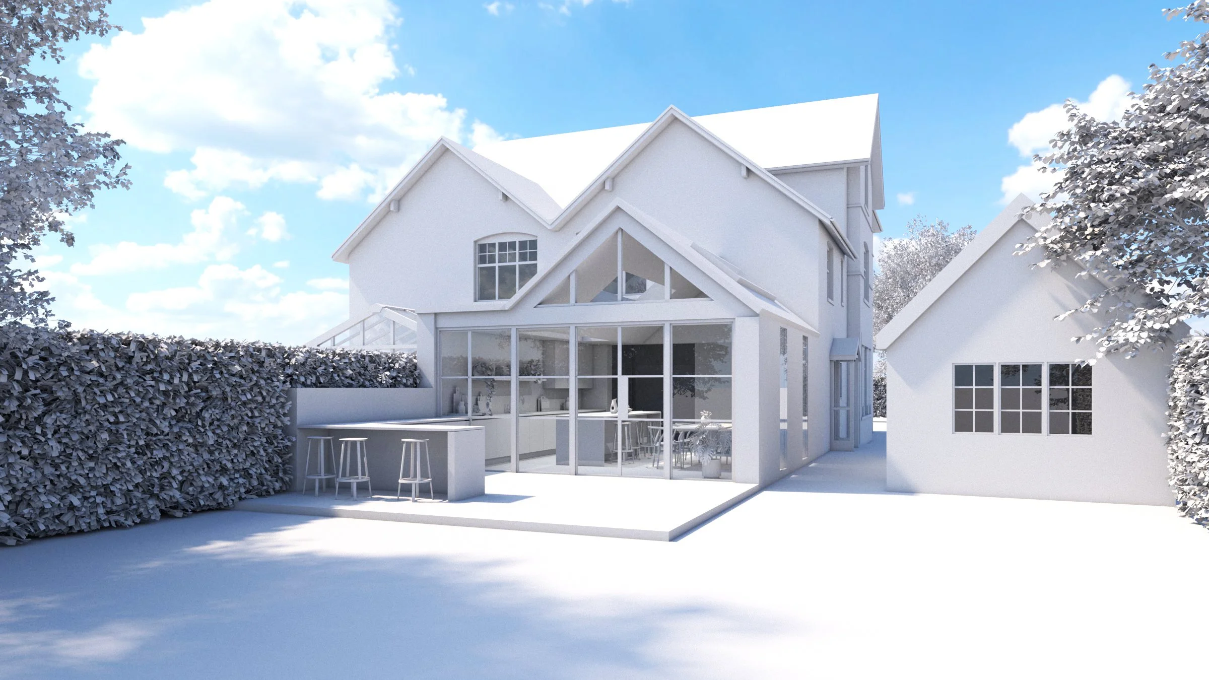 Single storey, pitched roof house extension. Modern house with a pitched roof, single storey extension and patio, surrounded by hedge.