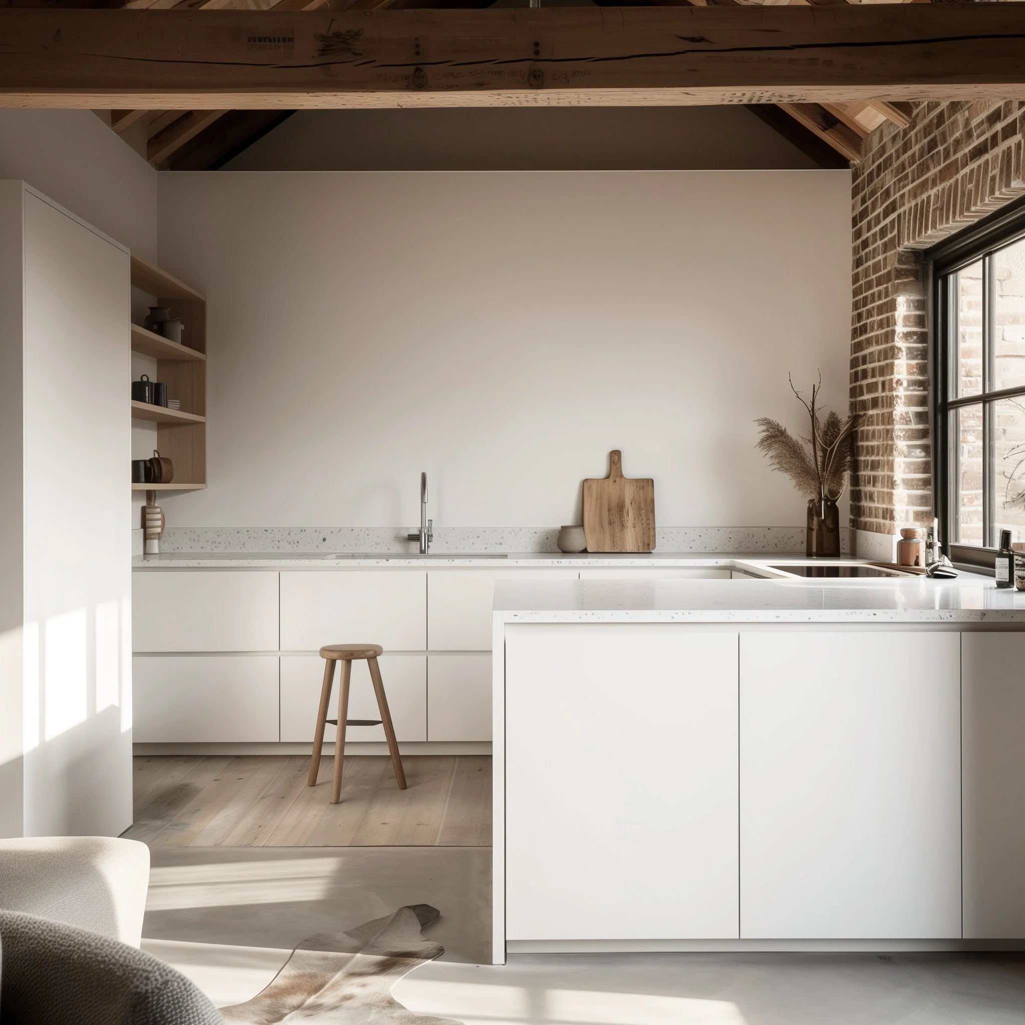 Minimalist kitchen with white cabinets, wooden stool, cutting board, and natural light