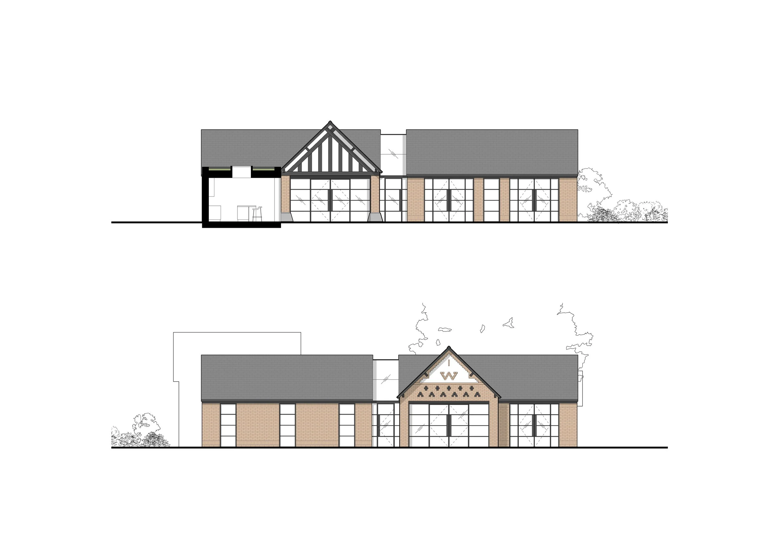 Barn conversion and extension. Architectural elevation drawings of a building with a pitched roof and large windows, featuring a "W" on the facade.