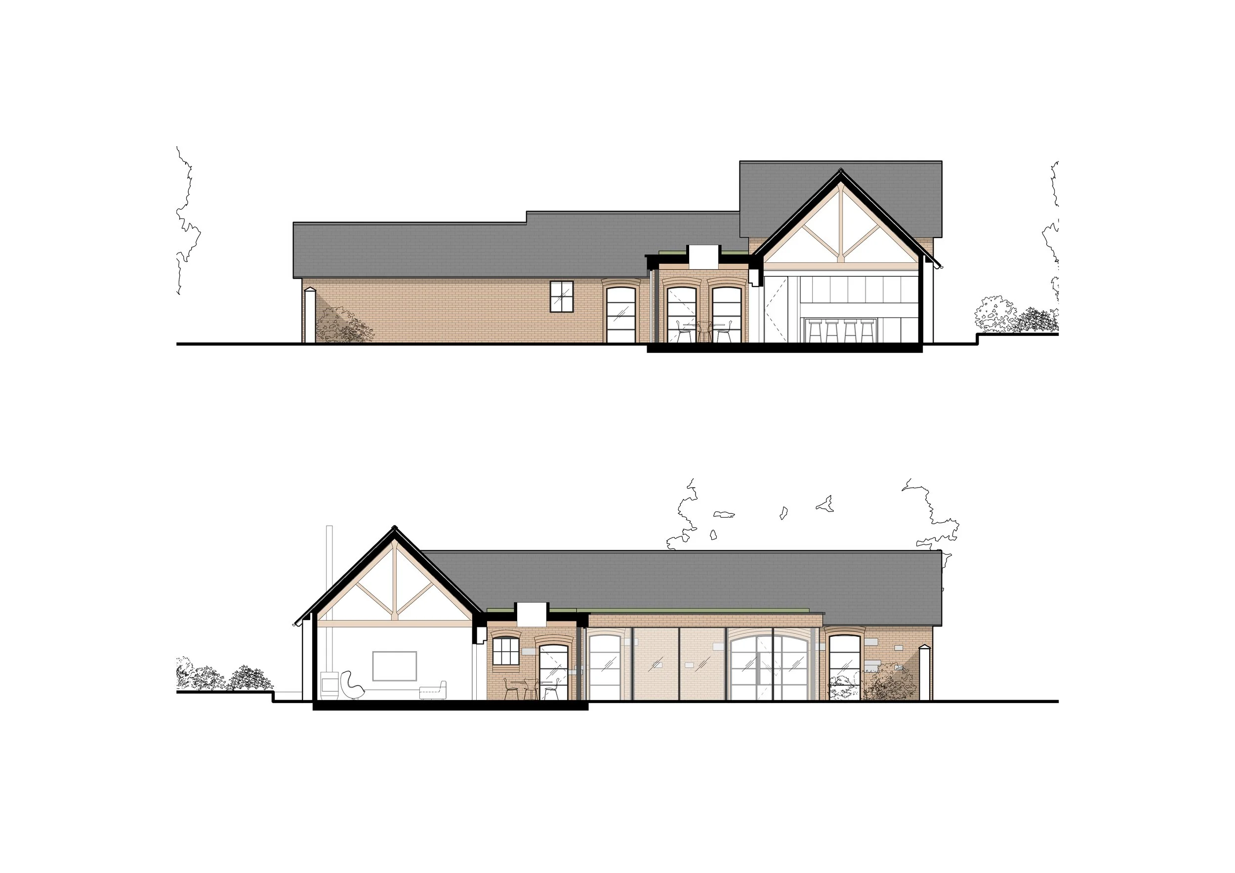 Barn conversion and extension. Architectural elevation drawing of a building with two views, featuring a pitched roof and detailed wall sections.