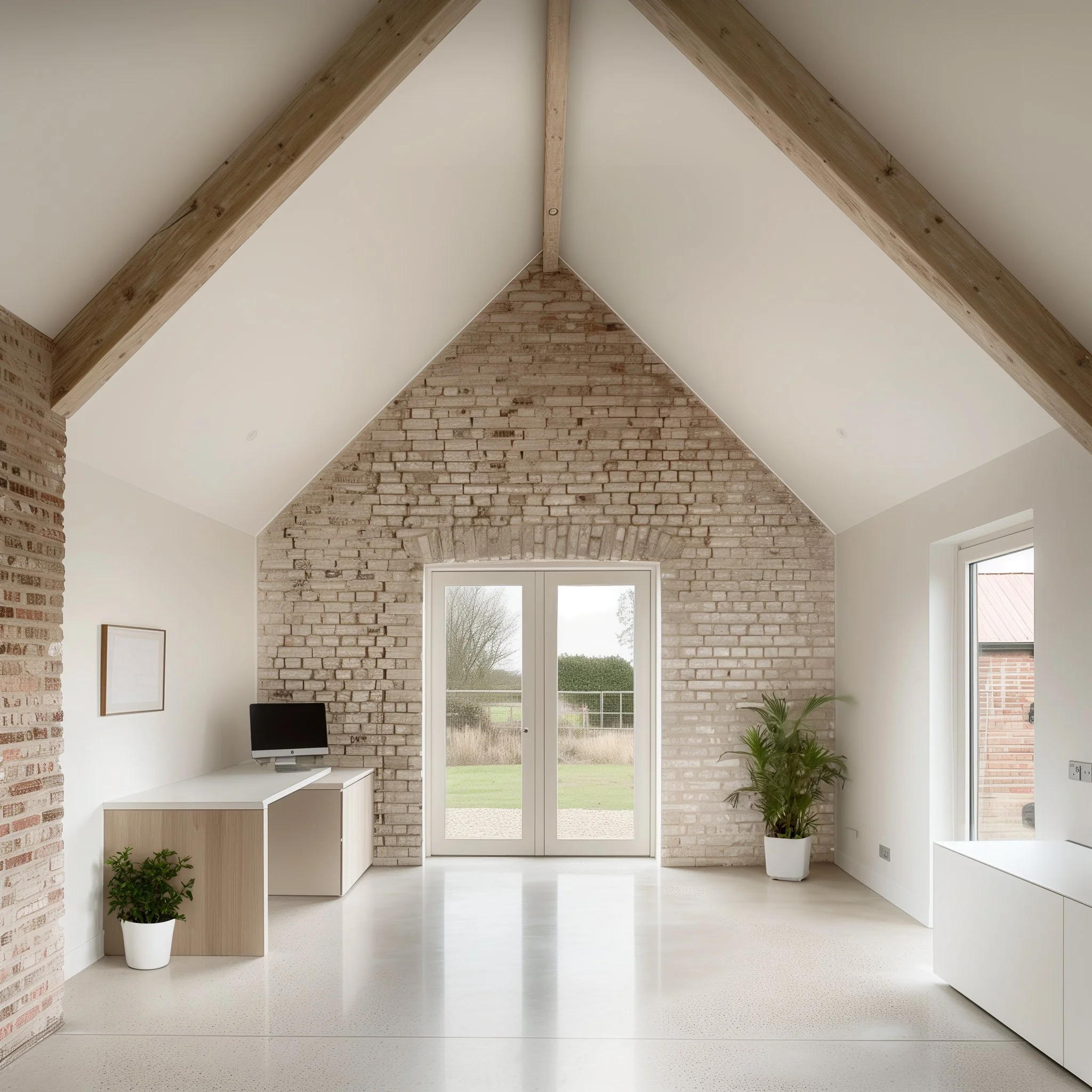 Minimalist room with exposed brick wall, high ceilings, modern desk setup, potted plants, and glass doors opening to a garden.