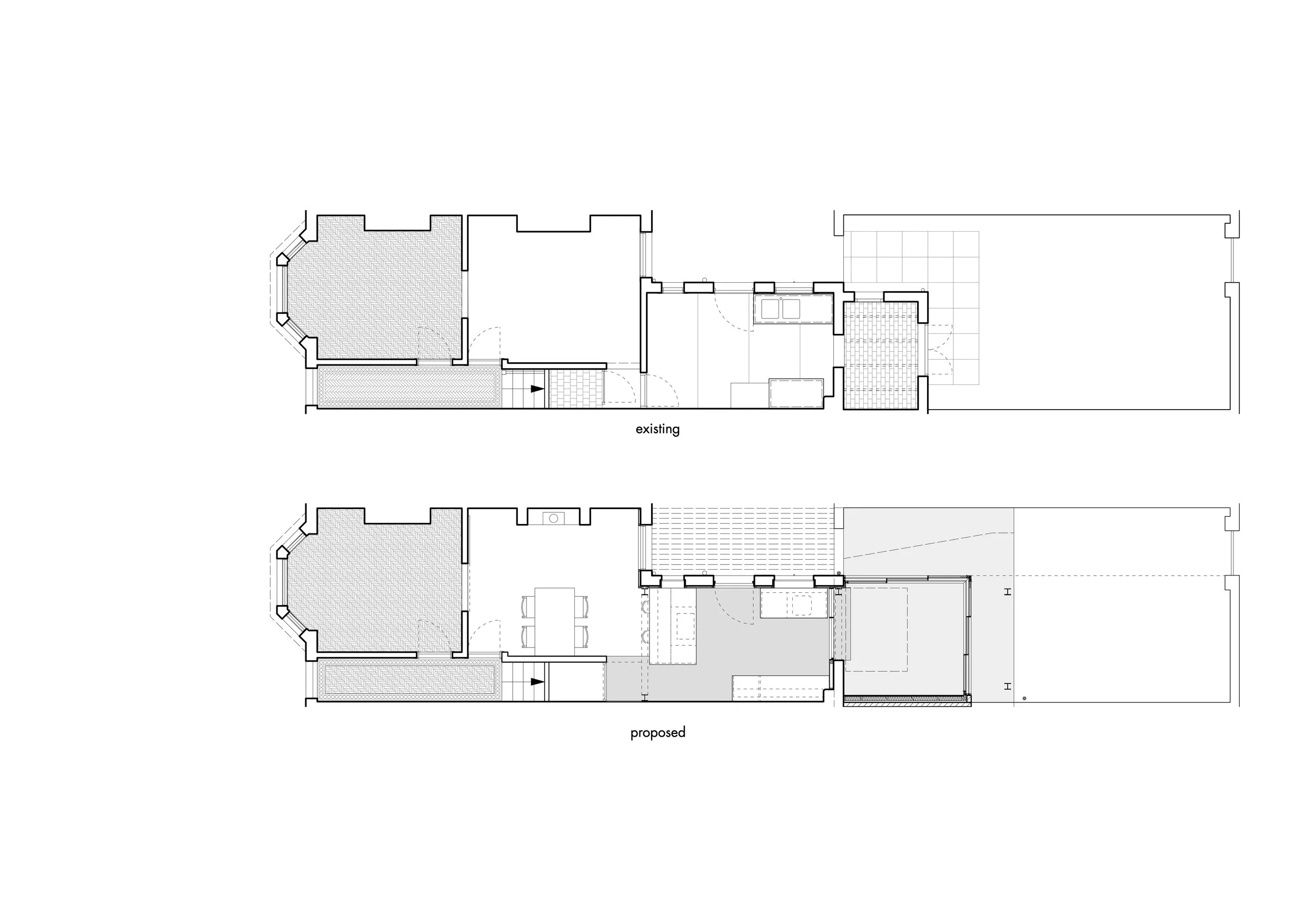 Single storey house extension. Architectural plan showing existing and proposed floor layouts of a building, highlighting changes in room configurations and space usage.