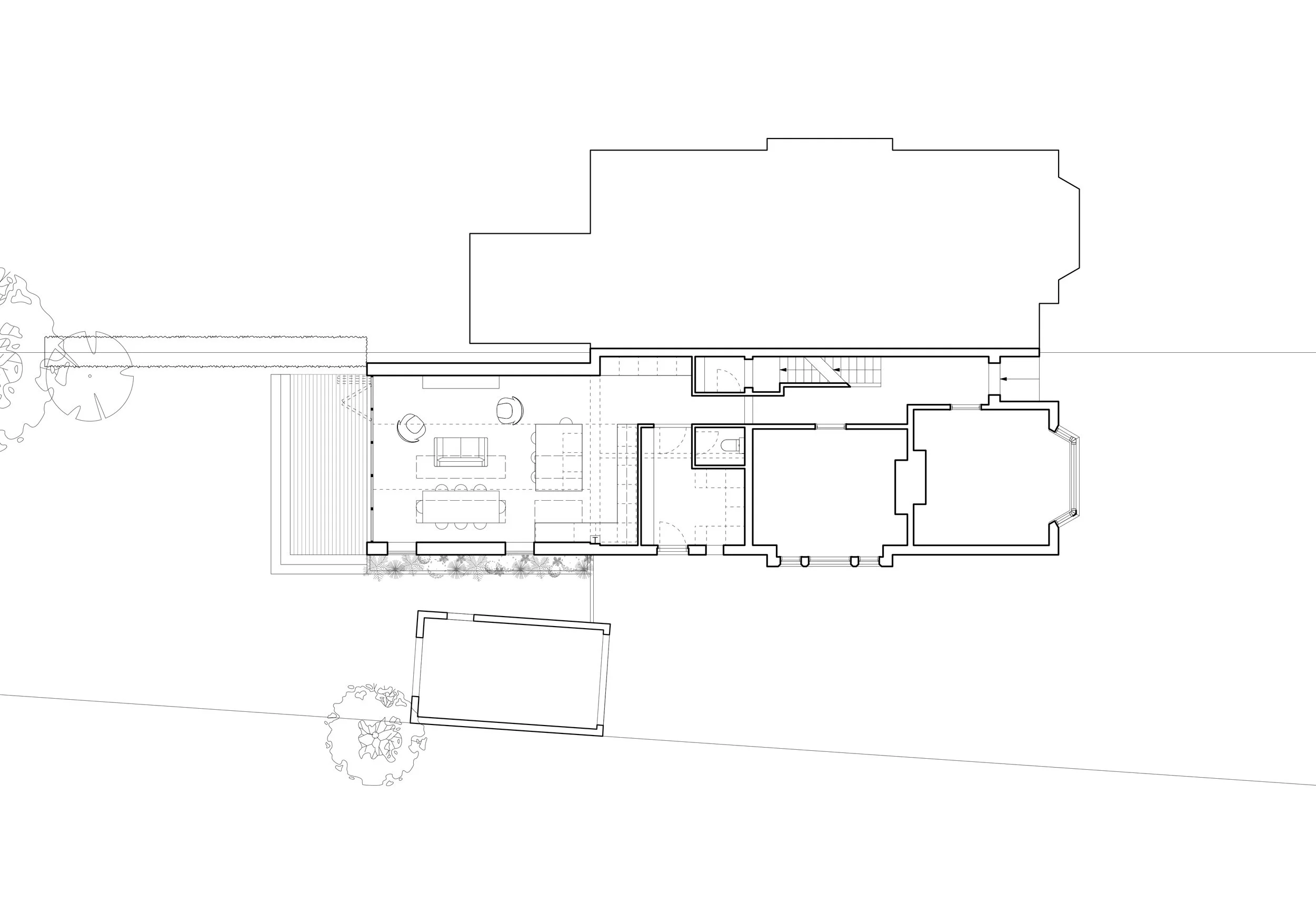 Single storey house extension. Architectural floor plan sketch of a building with open plan kitchen diner including rooms and furniture arrangement.