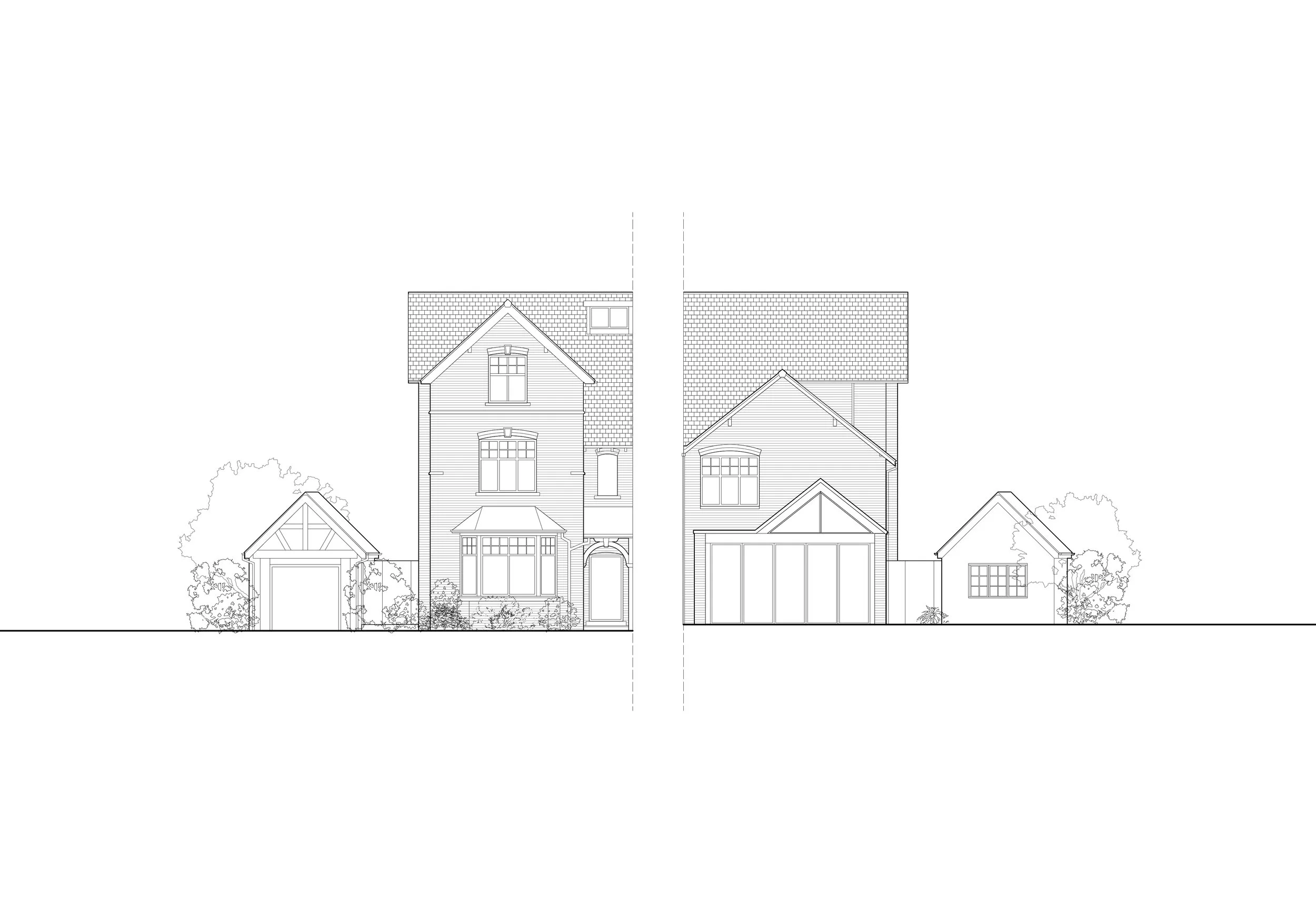 Single storey house extension. Architectural blueprint of houses with garages and landscaping.