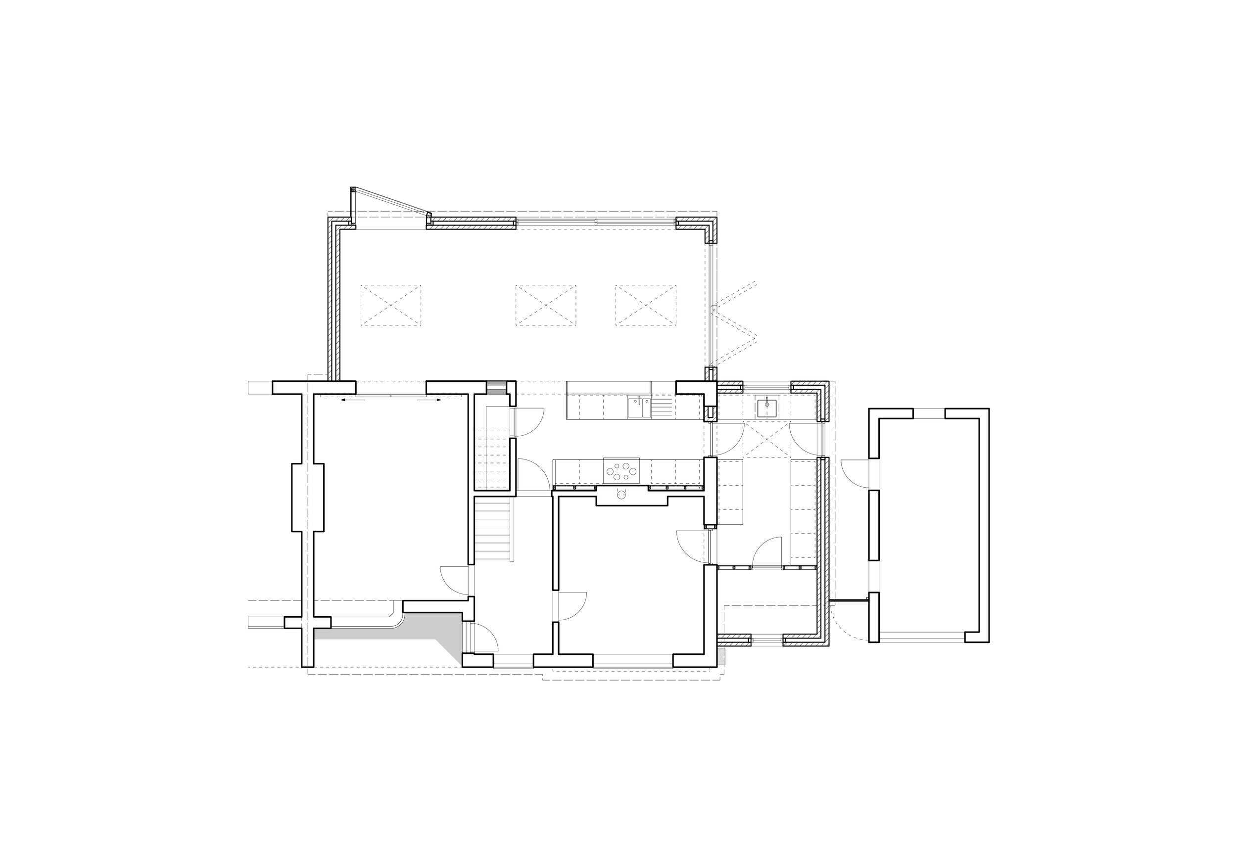 Single storey house extension. Architectural floor plan of open plan kitchen dining area layout with rooms and walls.