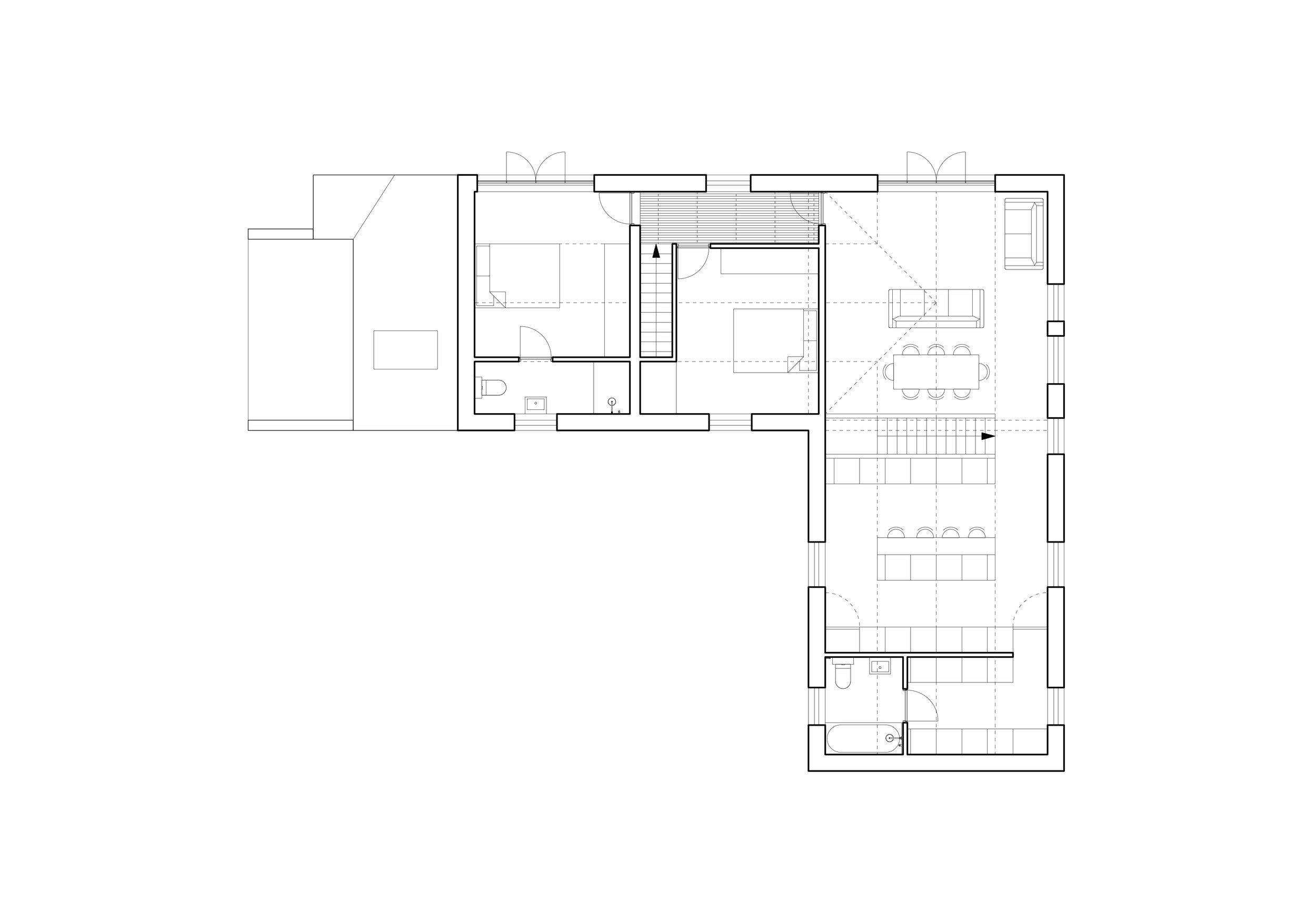 Barn conversion. Architectural floor plan layout with living area, kitchen, bedroom, and bathroom sections. Includes walls, doors, and furniture arrangements.