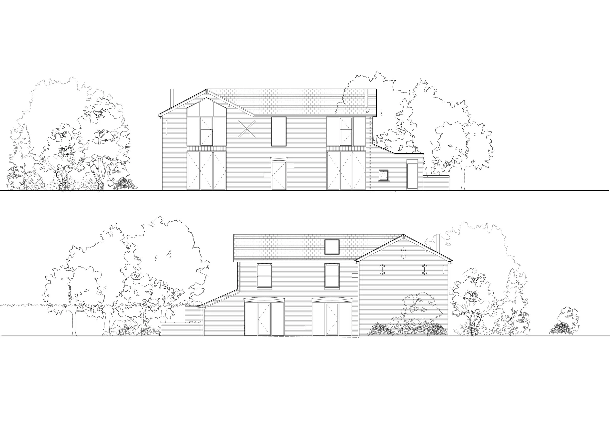 Barn conversion. Architectural elevation drawings of a two-story house with trees in the background, showing front and side views, featuring large windows and a gable roof.