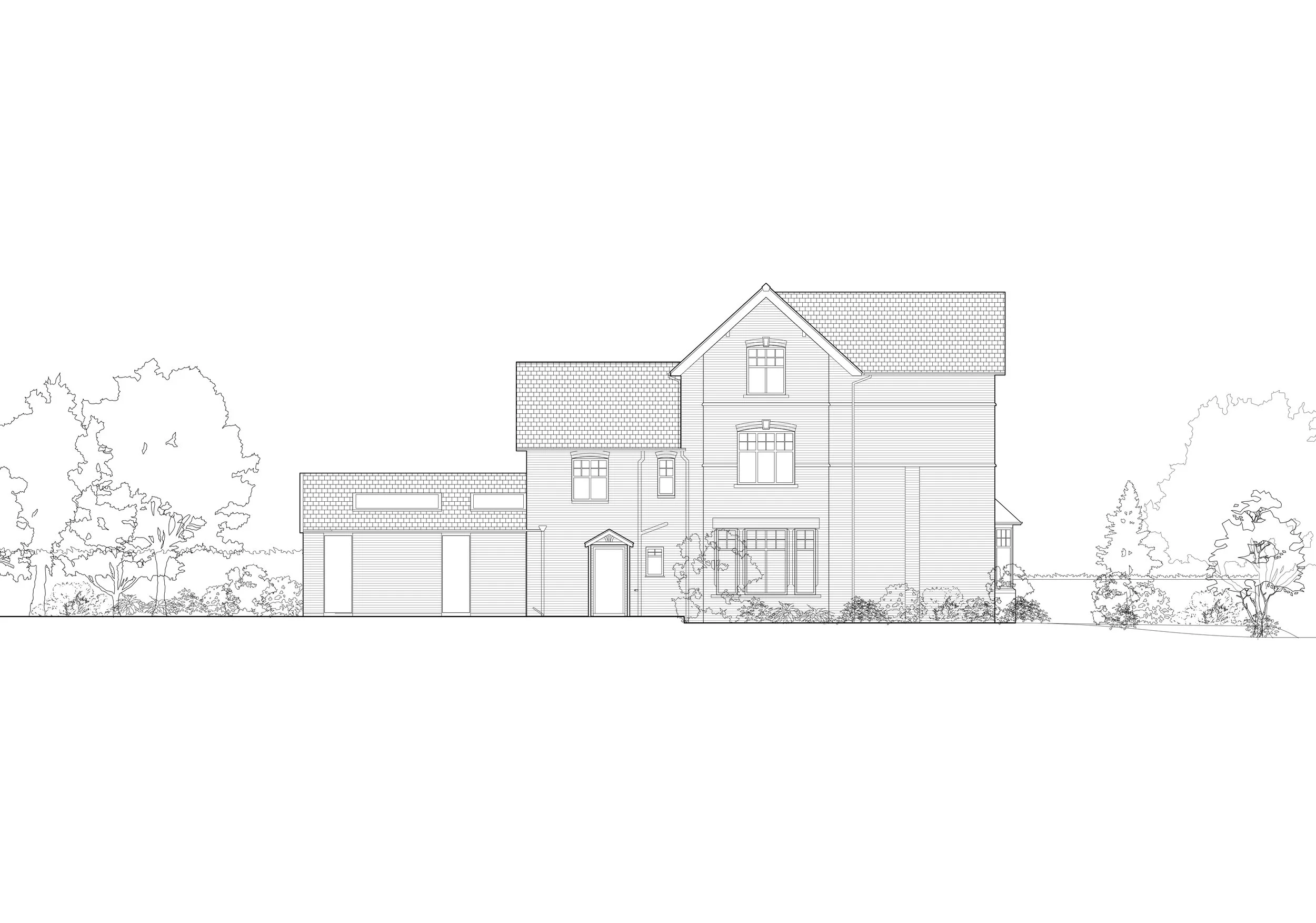 Single storey house extension. Architectural line drawing of a two-story house with a single storey house extension and surrounding trees.